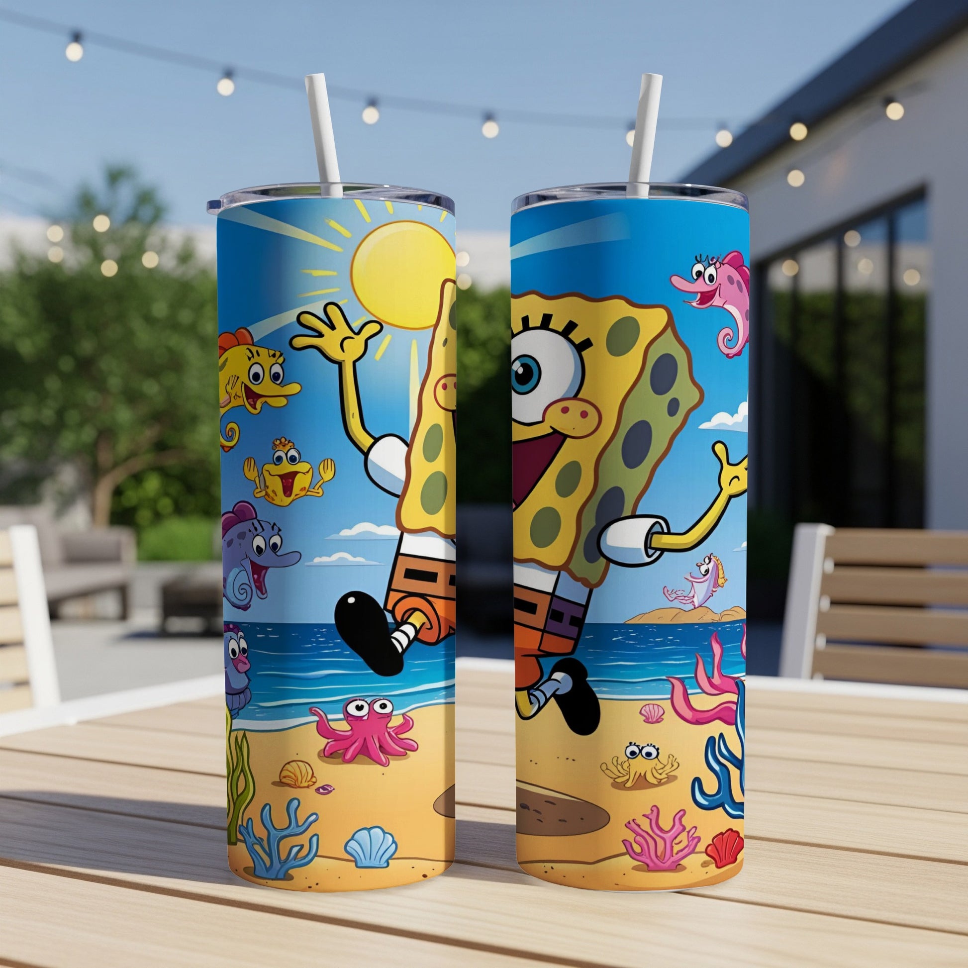 SpongeBob SquarePants and friends on a beach with a sunny sky.
