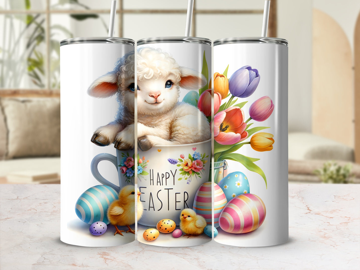 Easter tumbler with sheep, chicks, eggs, and tulips in a mug.