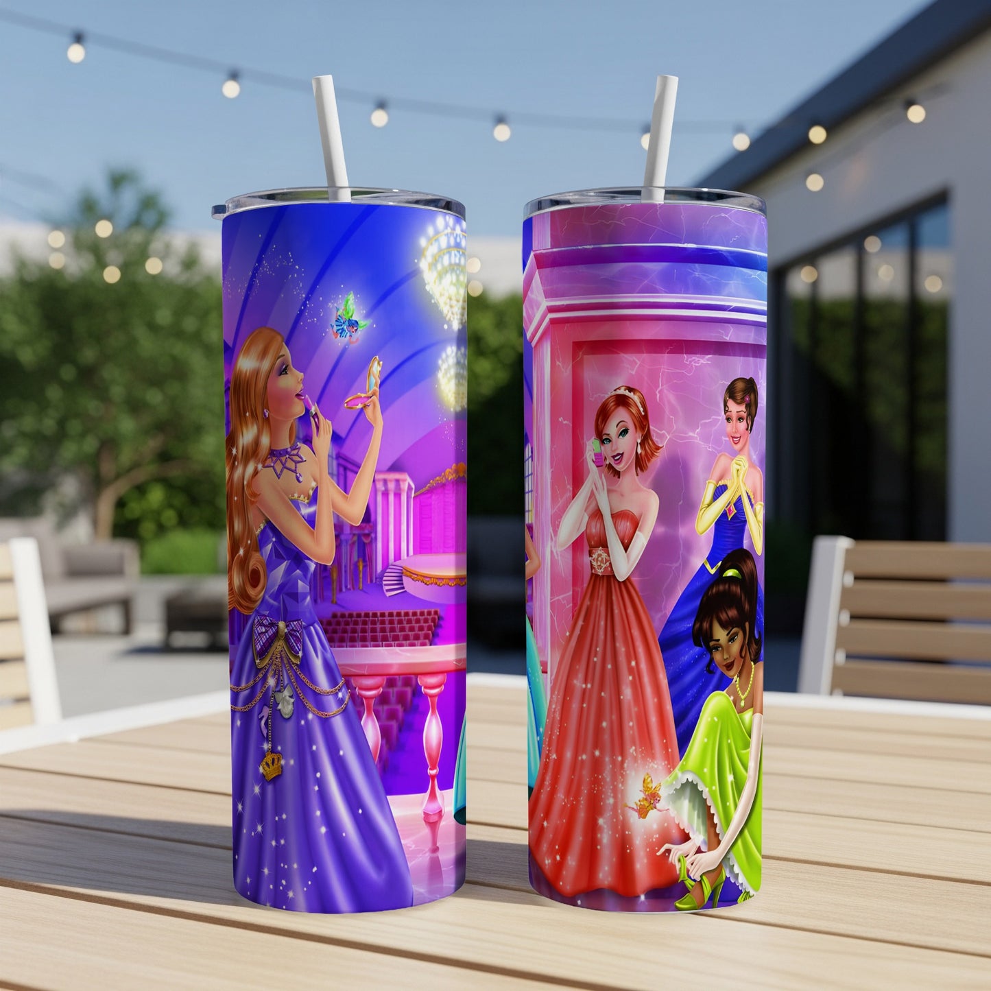 Two purple tumblers with Disney princesses in a ballroom setting.