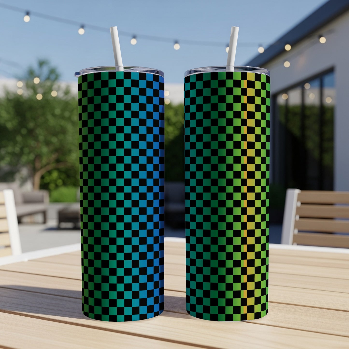 Two tall tumblers with a checkered gradient design, one blue to green, one green to yellow.