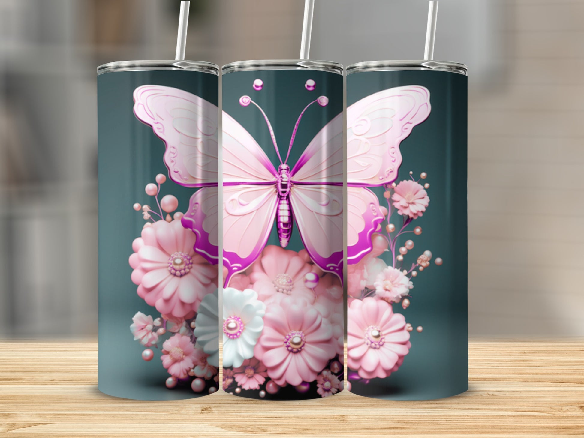 Pink butterfly and flowers on a skinny tumbler.