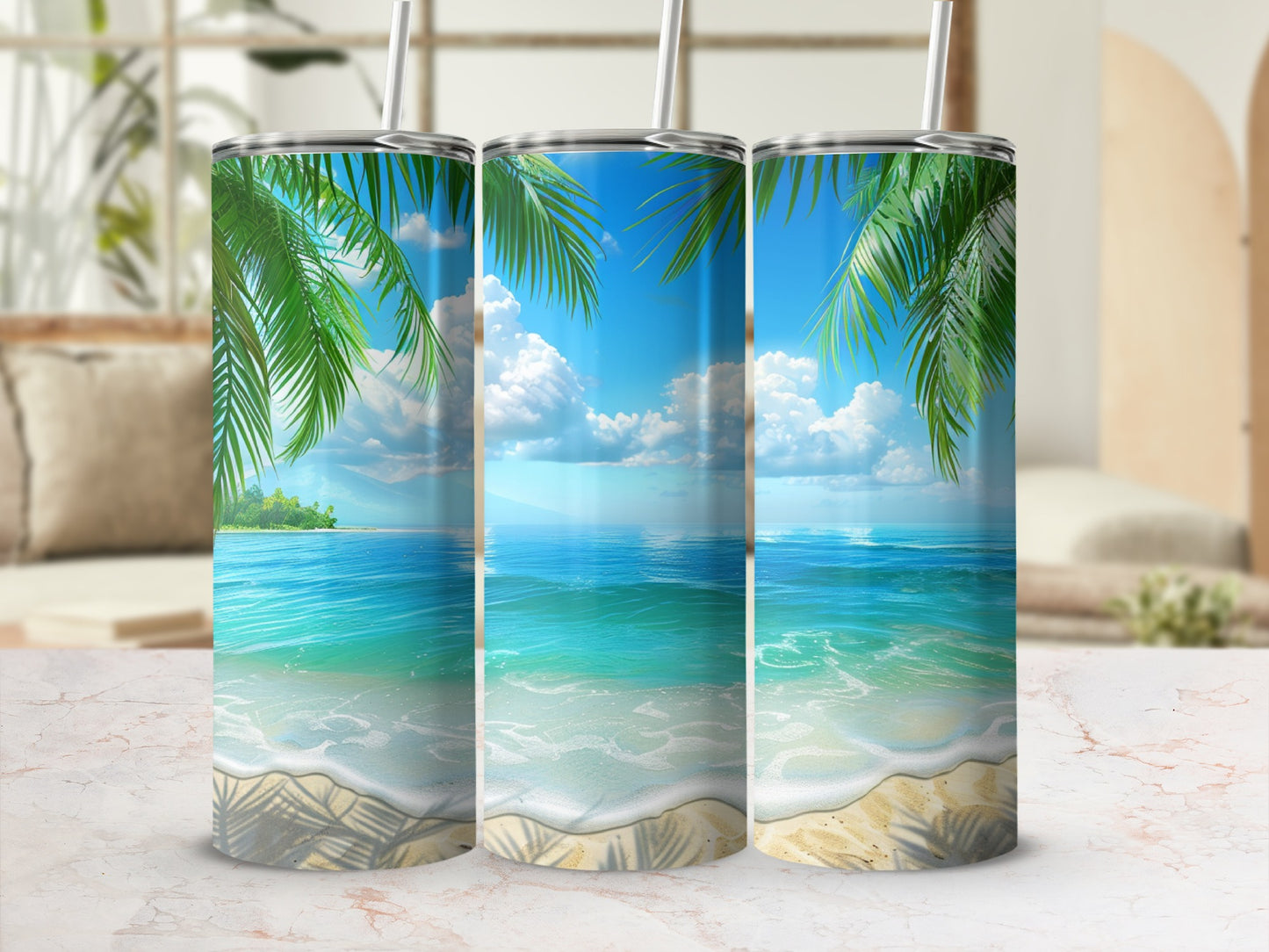 Three tropical beach scene tumblers with palm trees and ocean waves.