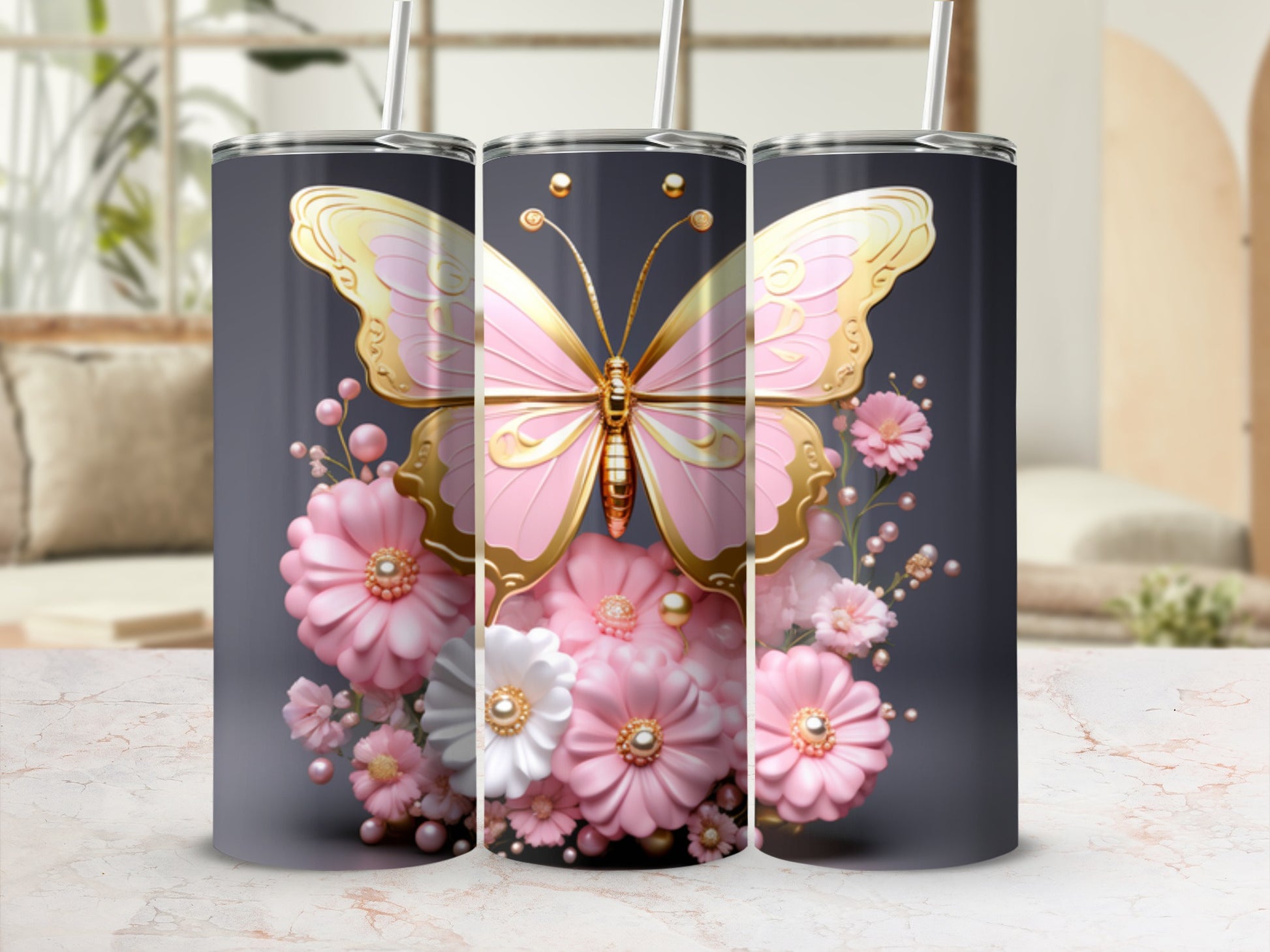 Pink and gold butterfly on floral background tumbler.