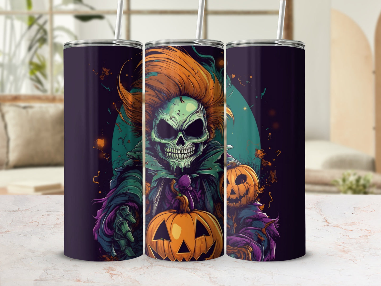 Triptych of tumblers featuring a spooky skeleton character with pumpkins and Halloween-themed art.