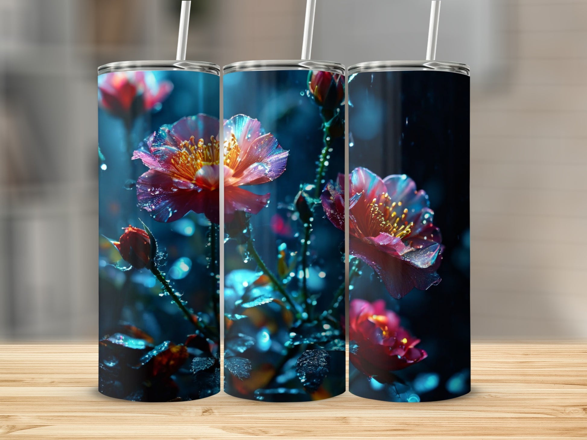 Three tumblers with pink and orange flowers and water droplets.