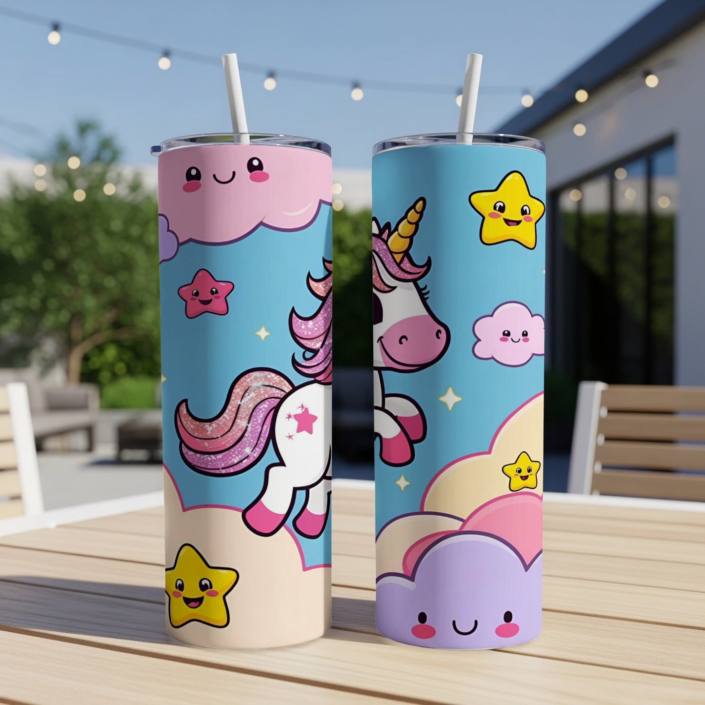 Two unicorn tumblers with clouds and stars on a table.