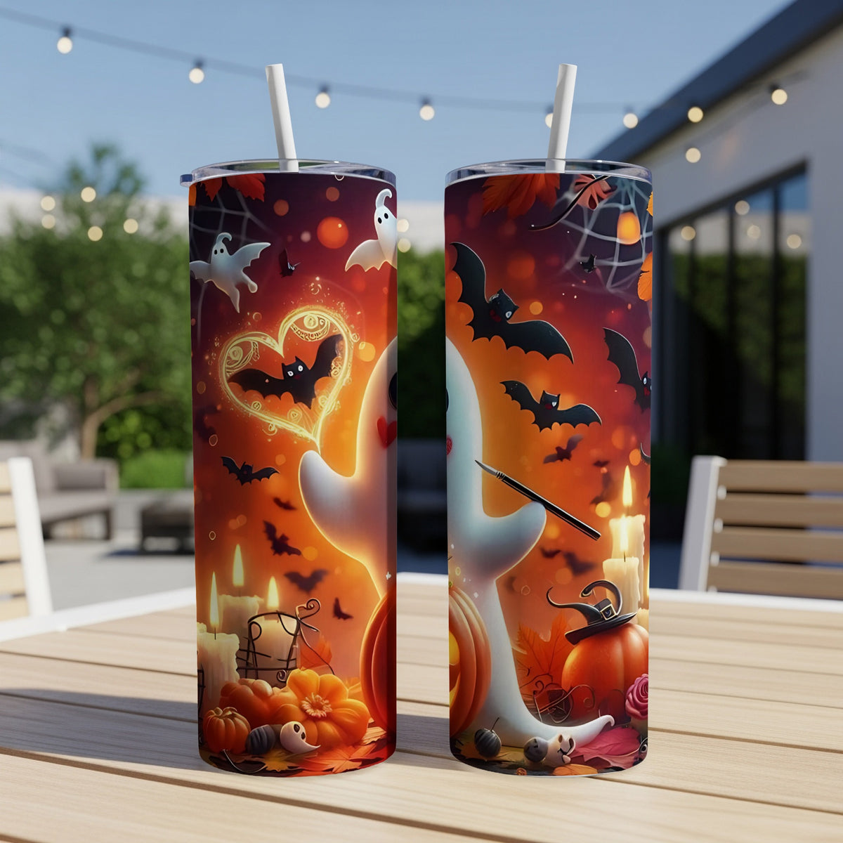 Two tumblers with Halloween ghost, bat, and pumpkin designs sit on a table.