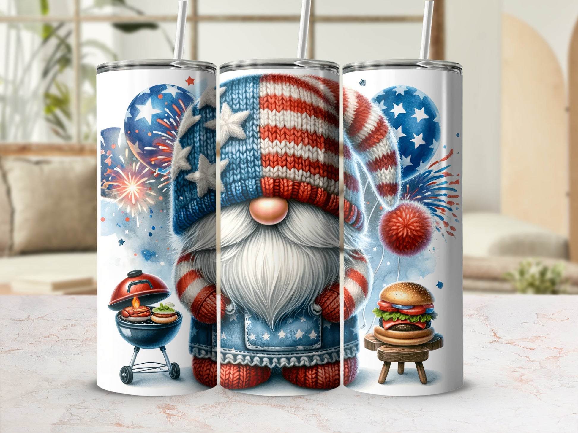Patriotic gnome with burger and grill, festive balloons and fireworks.