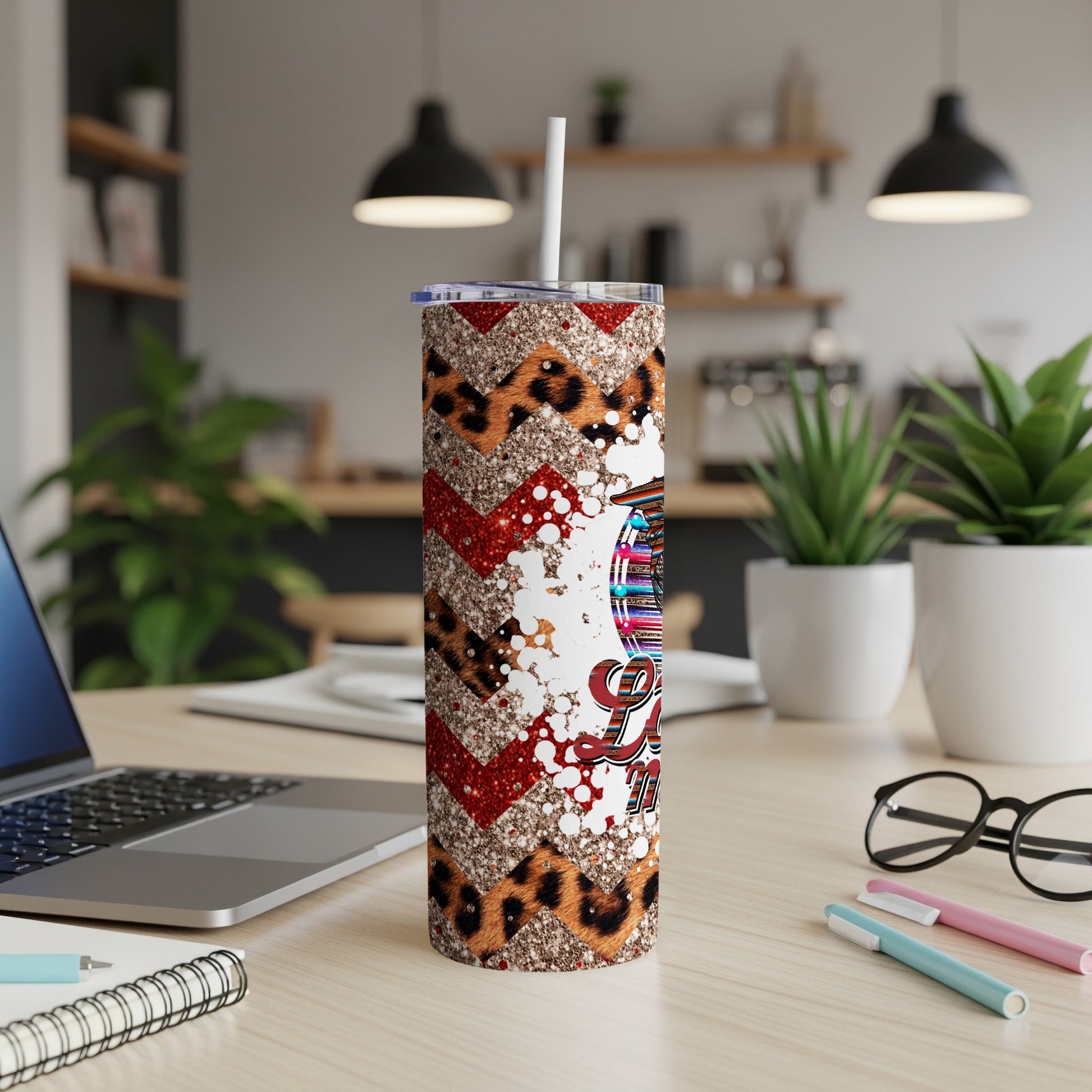 Patterned tumbler with leopard print and glittery red chevron.