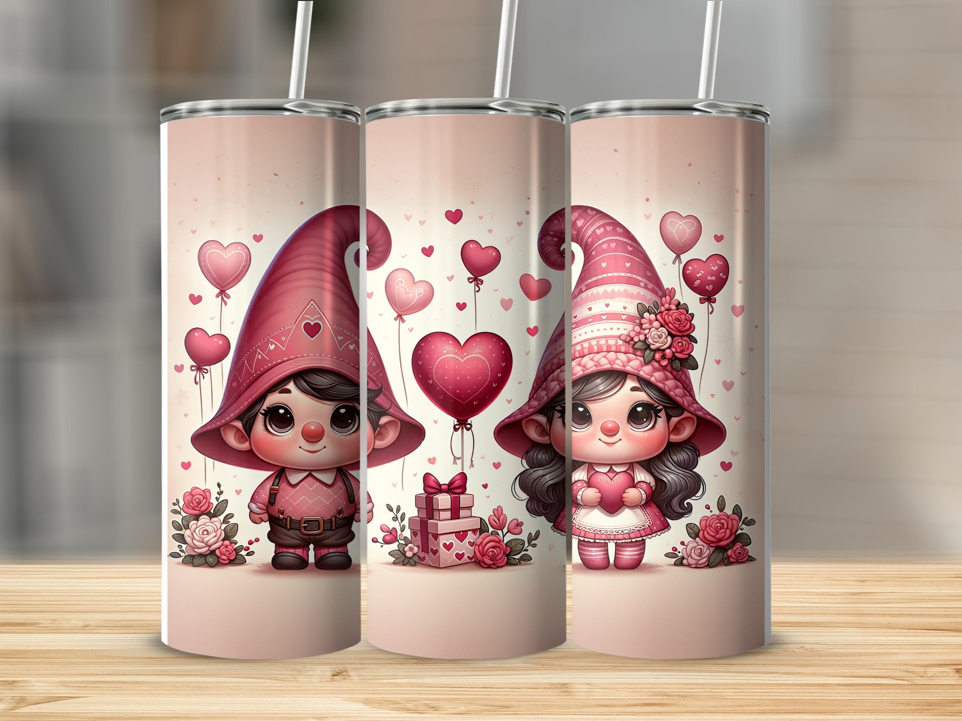 Three Valentine's Day themed tumblers with gnomes, hearts, and balloons.