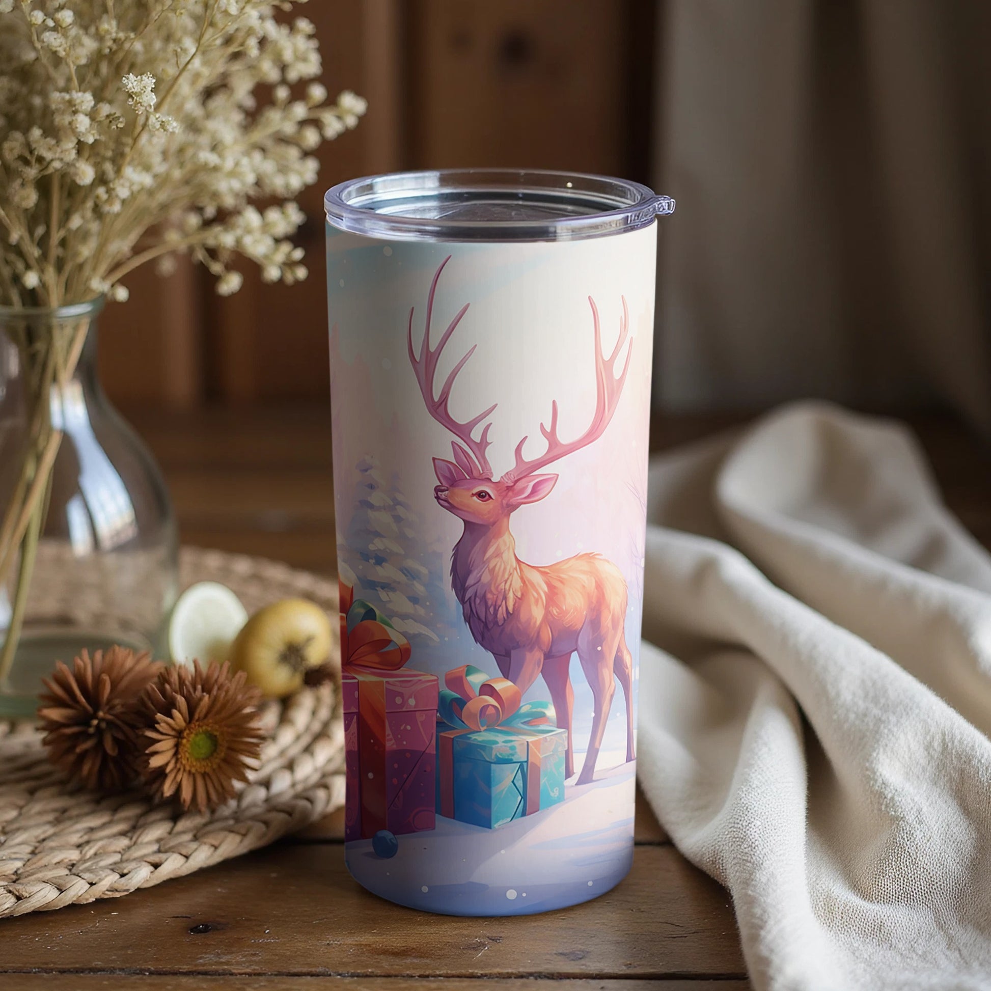 Festive Deer with Presents Artwork Tumbler Cup