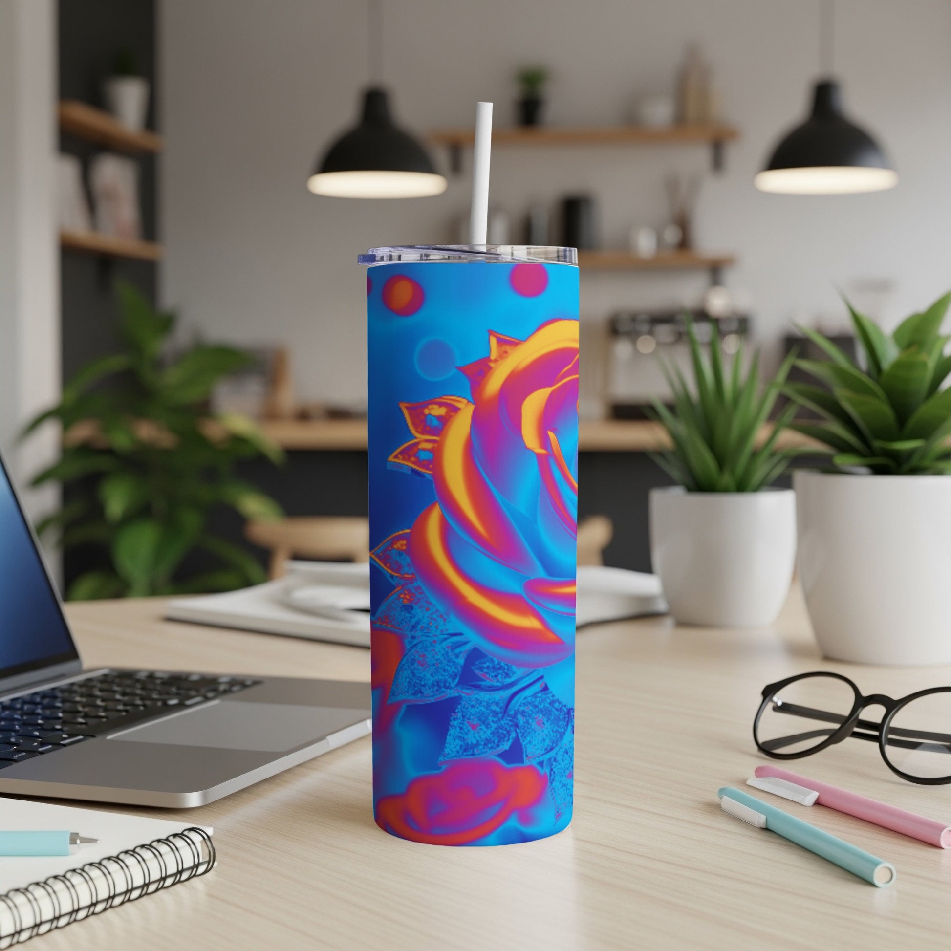 Blue tumbler with a vibrant, abstract rose design and straw.