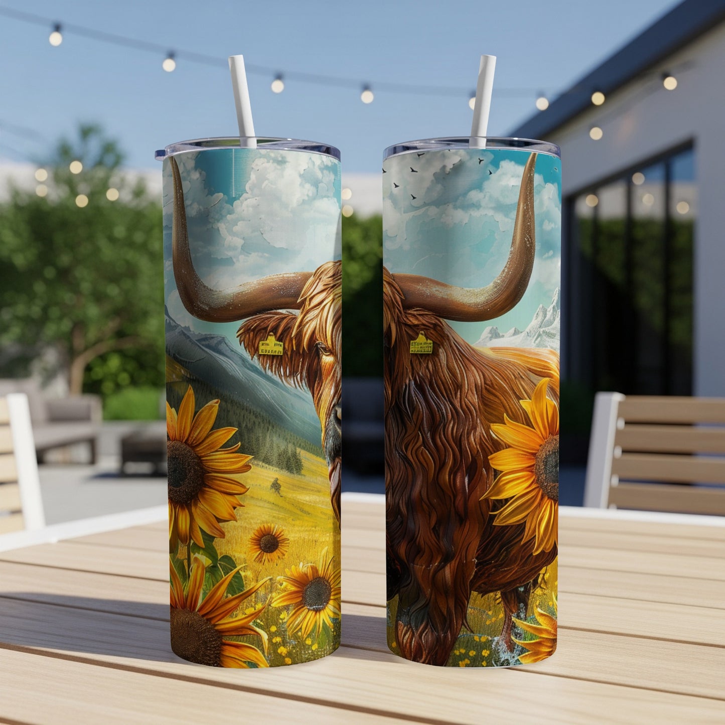 Highland cow and sunflowers design on two stainless steel tumblers.