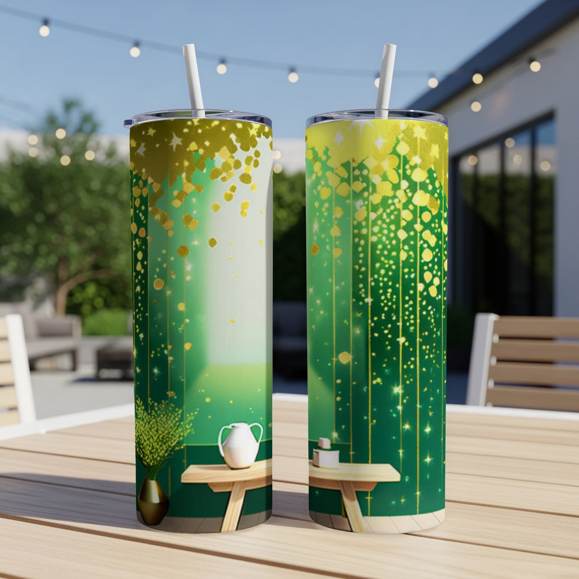 Two green tumblers with gold sparkles and abstract botanical design.