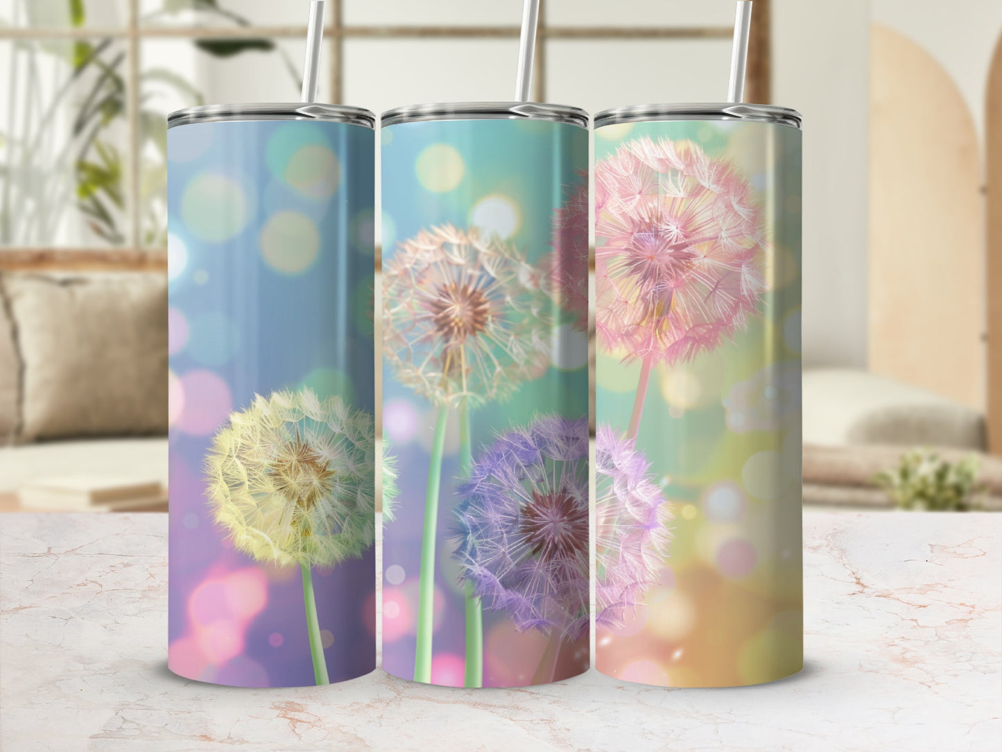 Three tall, slender tumblers featuring watercolor dandelions against a bokeh background.
