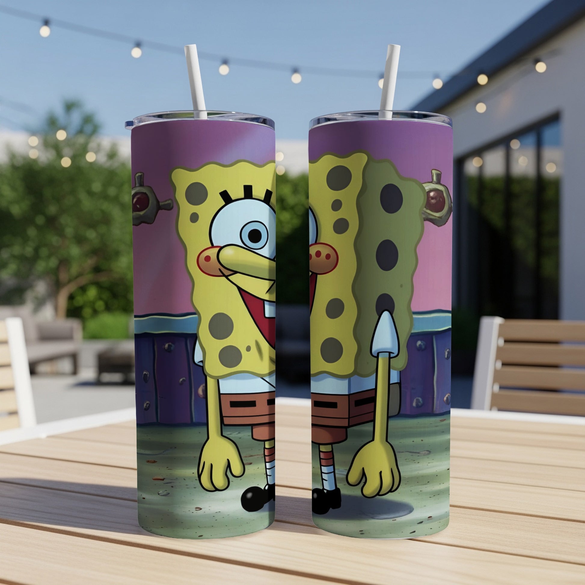 SpongeBob SquarePants on two tall, cylindrical tumblers with lids and straws.