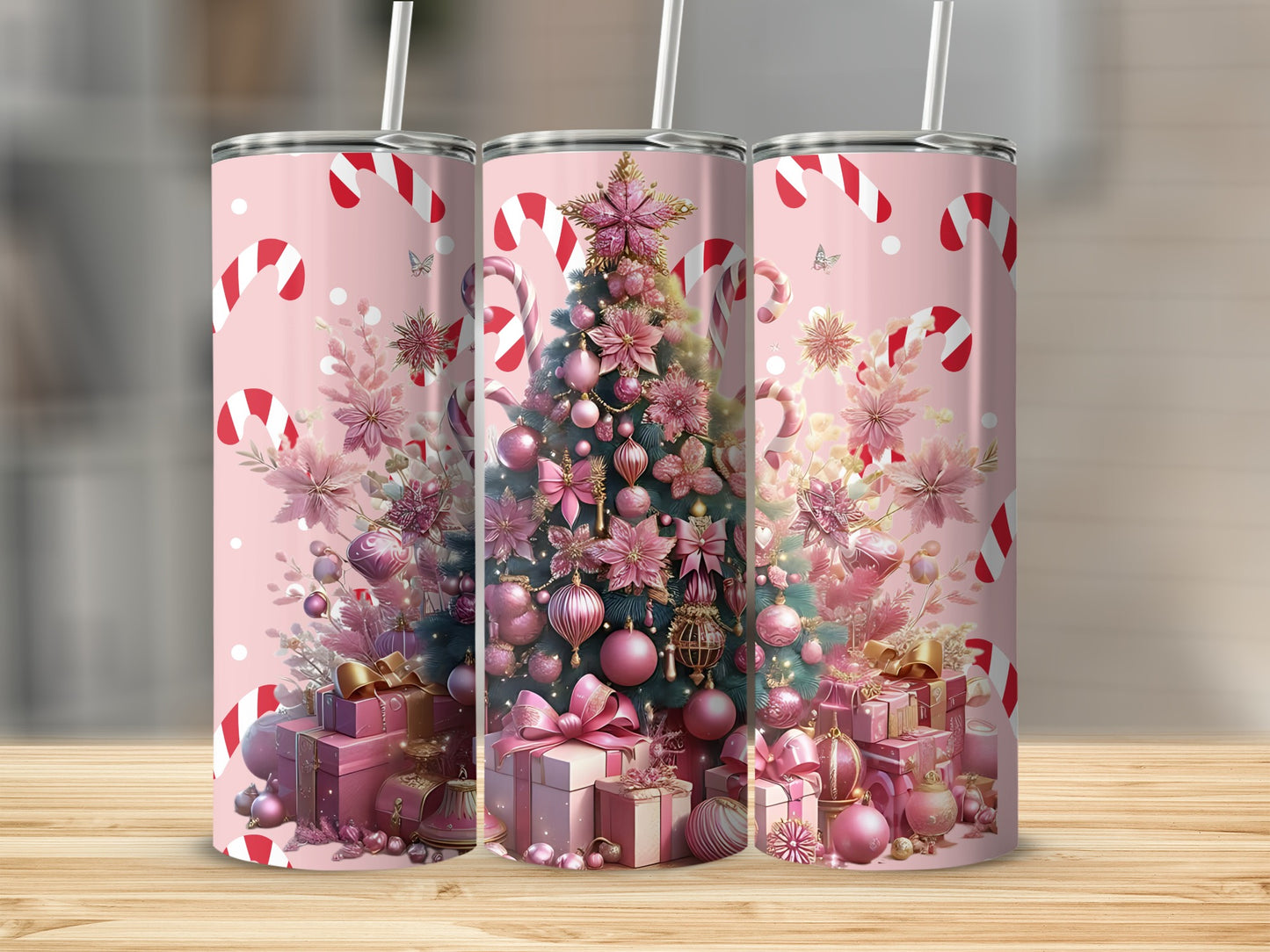 Festive Christmas Tumbler with Candy Canes and Pink Tree