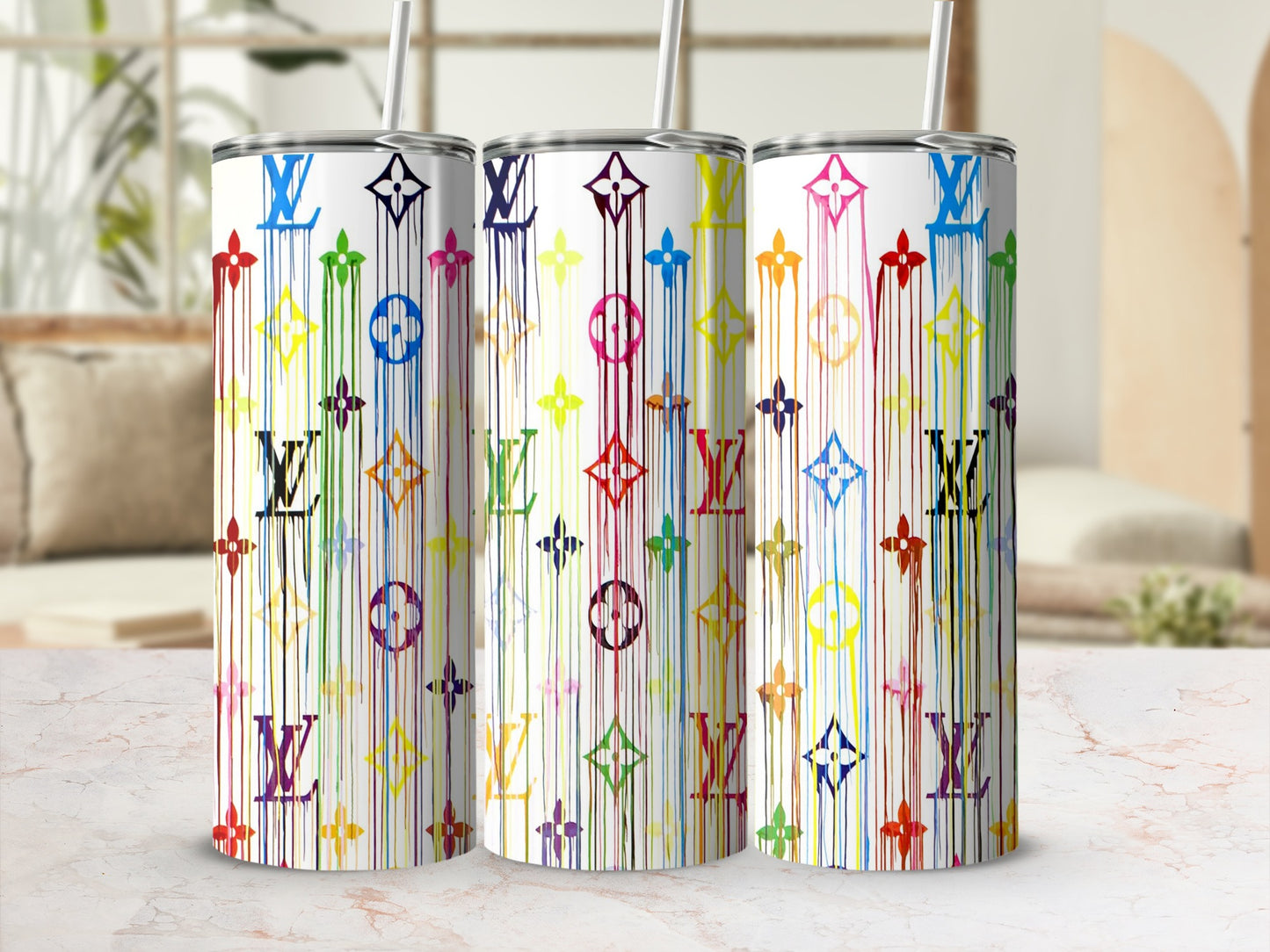 Colorful Dripping Rainbow Design Tumbler Cup Set