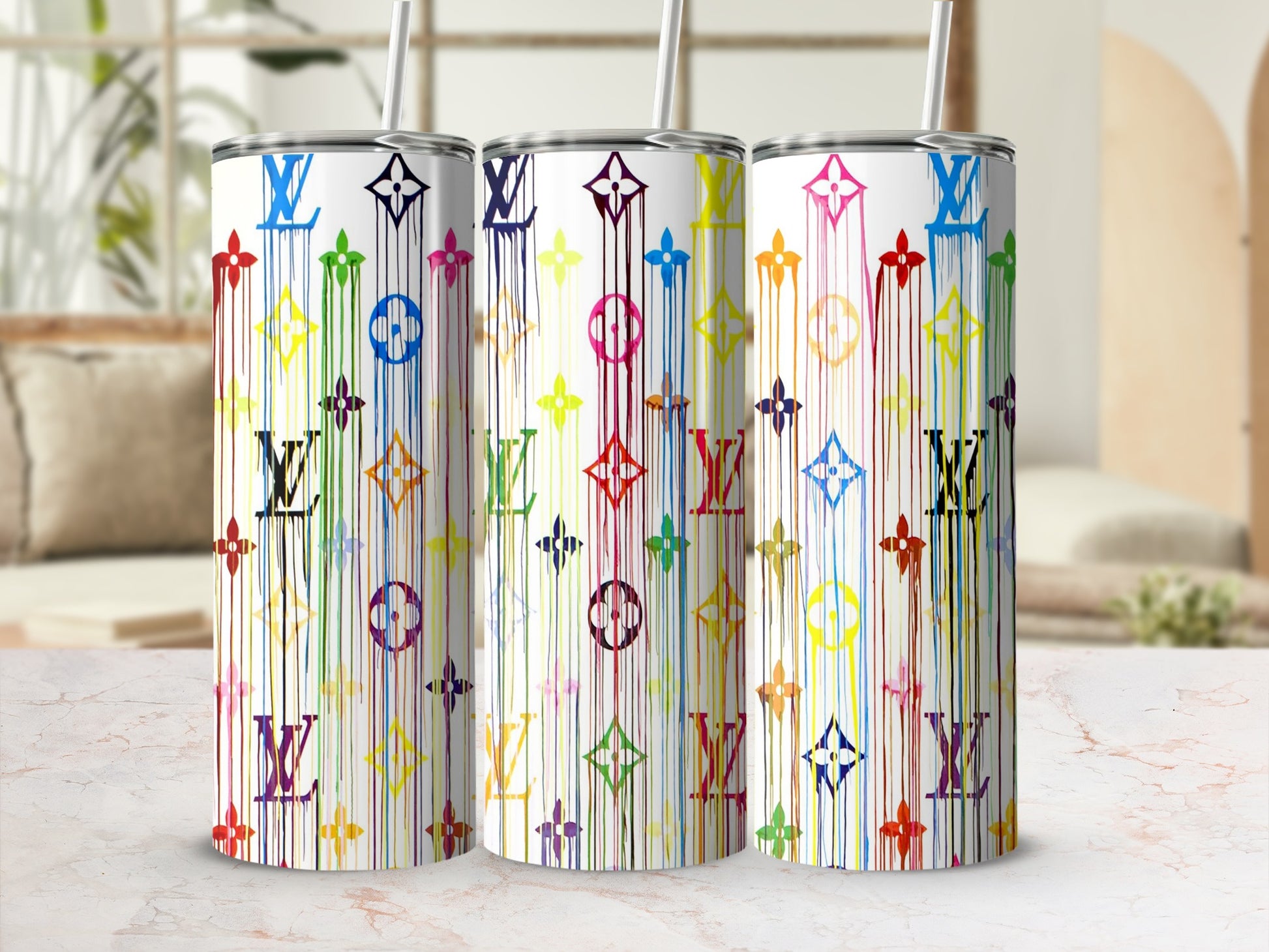 Colorful Dripping Rainbow Design Tumbler Cup Set