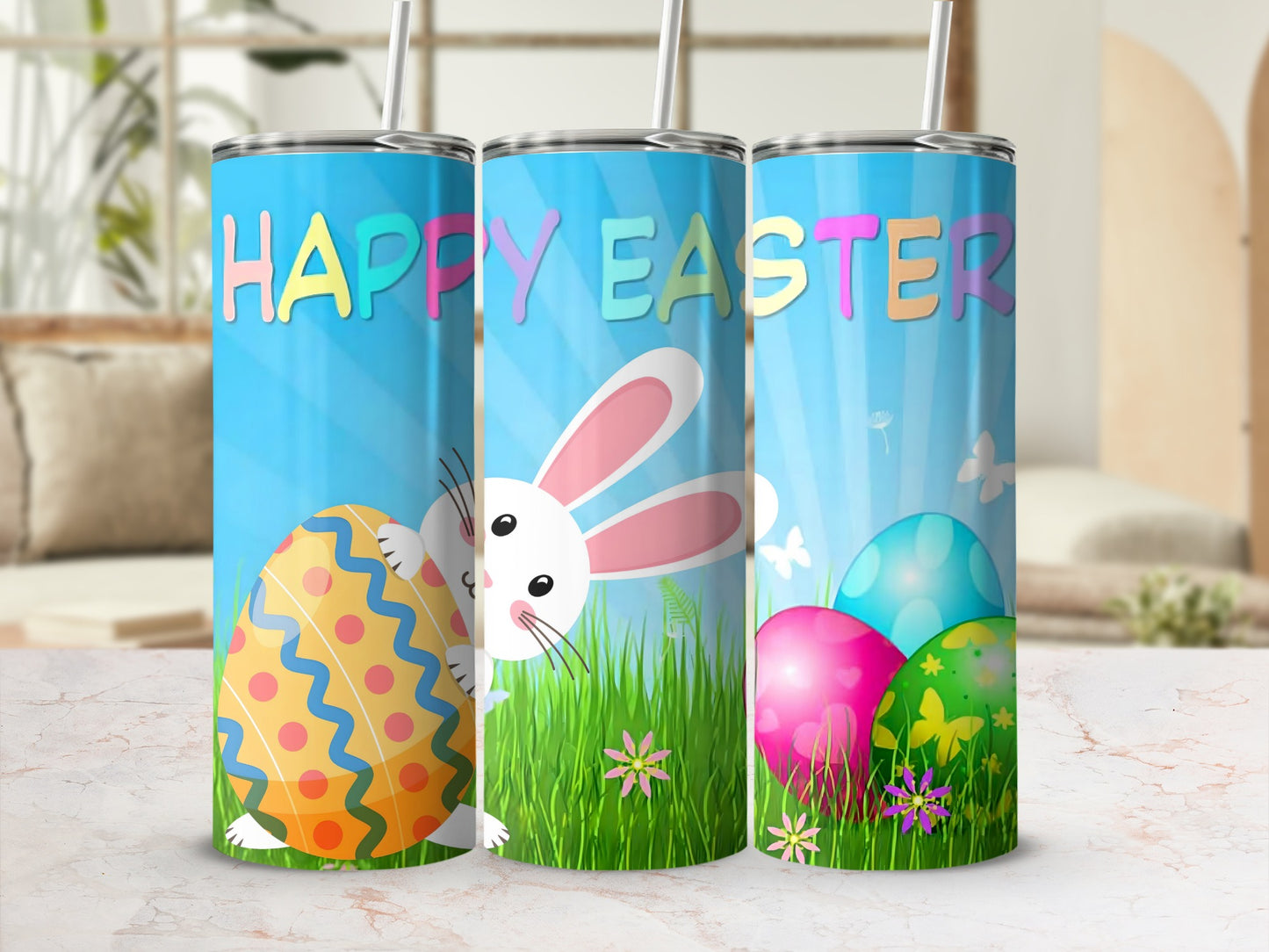 Colorful Happy Easter Bunny and Eggs Tumbler