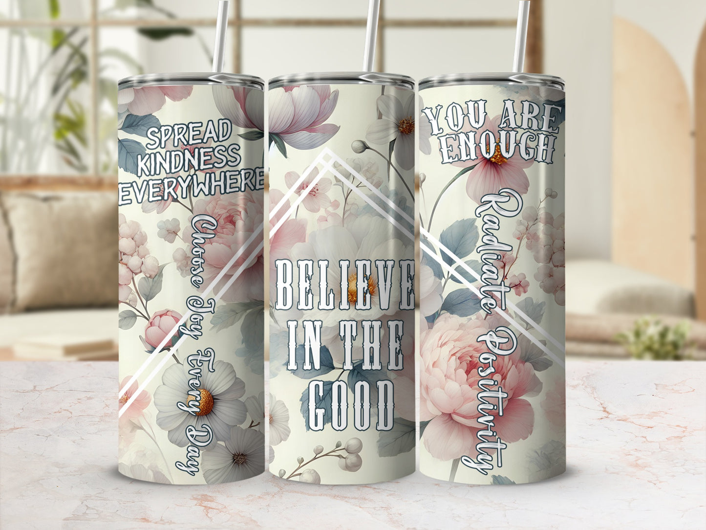 Floral Motivational Quotes Tumbler Set with Straws