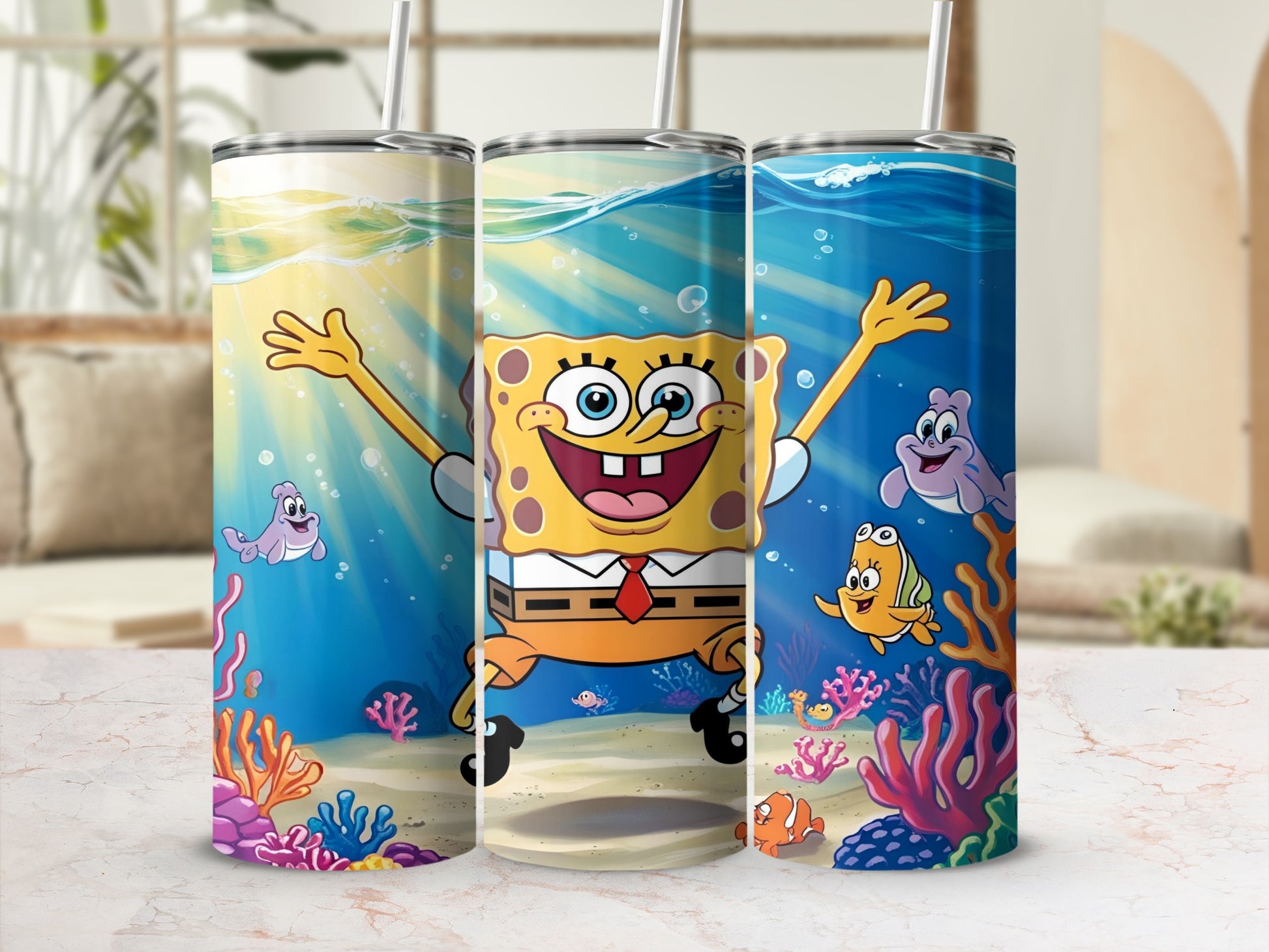SpongeBob SquarePants and friends underwater in a colorful ocean scene.