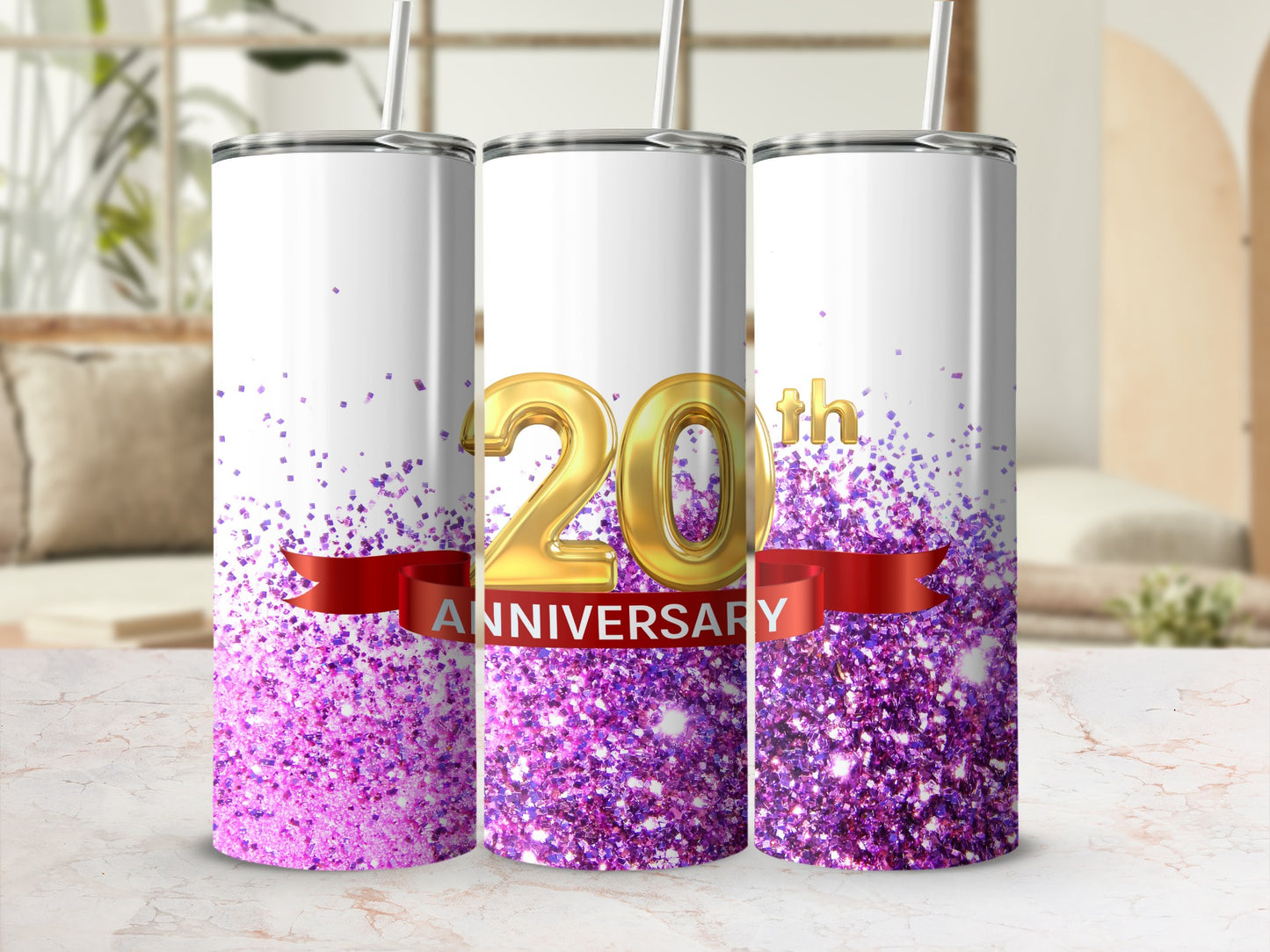 20th Anniversary tumbler with purple glitter and red ribbon.