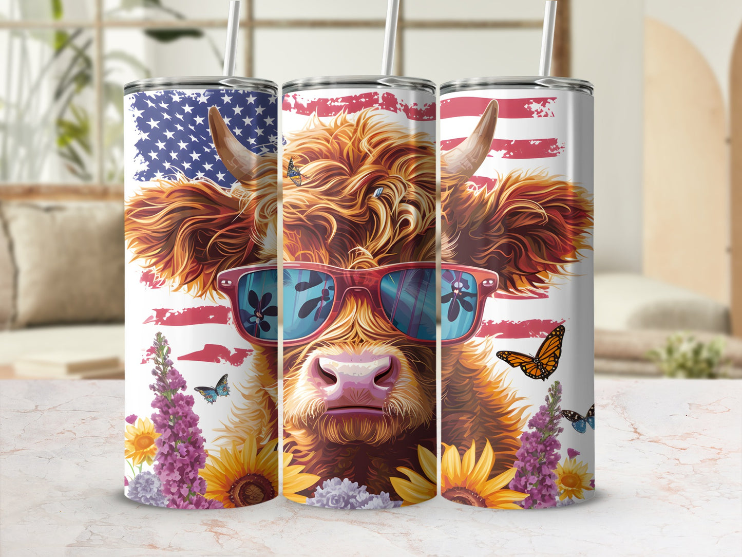 Highland cow with American flag and sunflowers, wearing sunglasses.