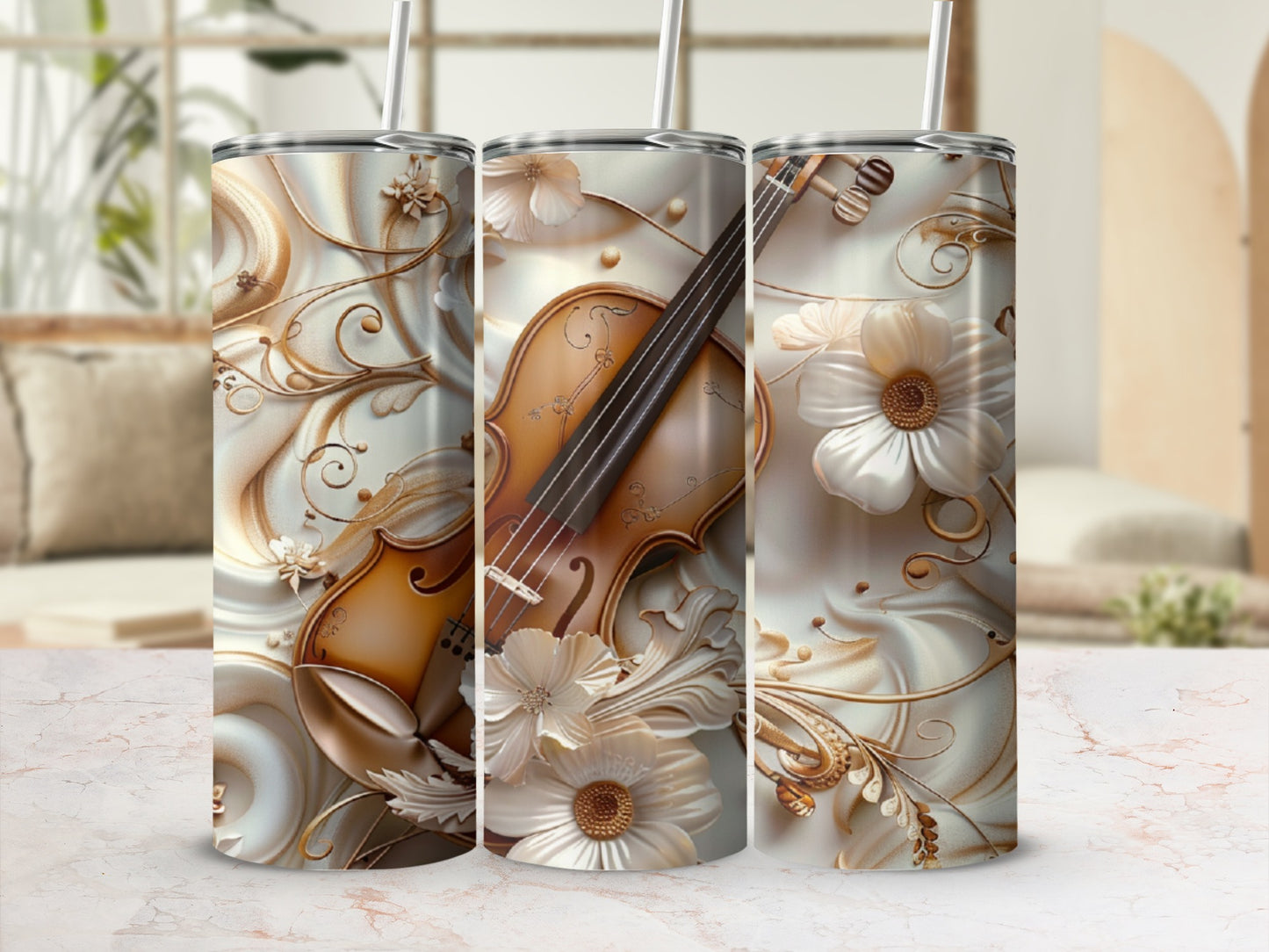 Three tumblers with a violin and floral scroll design.