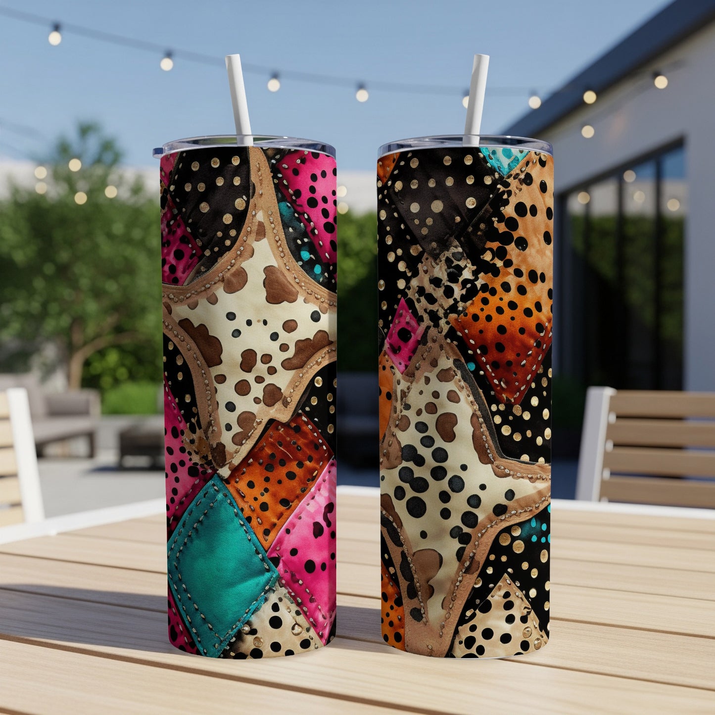Two quilted tumblers with cow print and colorful fabric patterns.