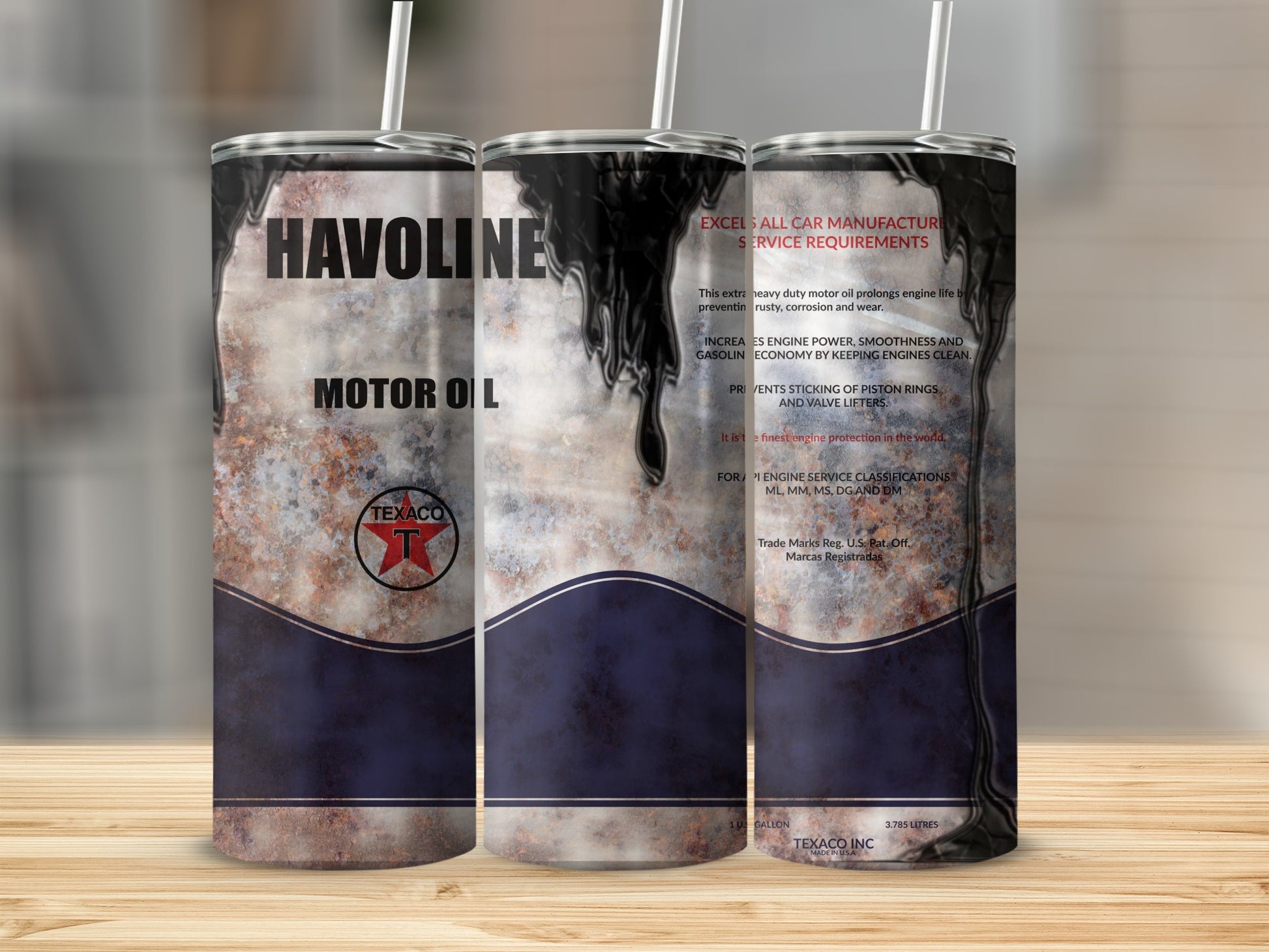 Havoline Motor Oil tumbler with Texaco logo and product information.