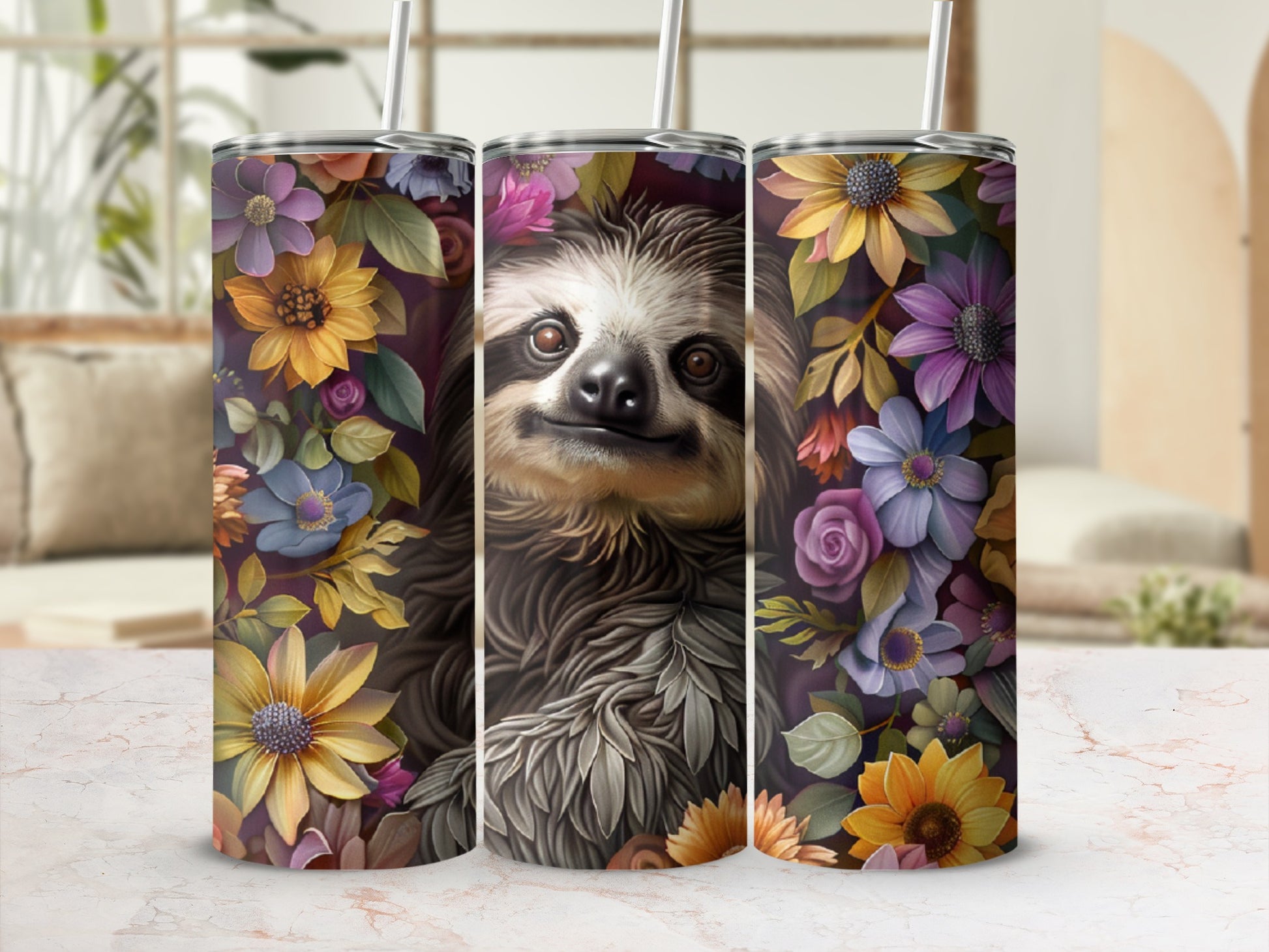 Sloth face surrounded by colorful flowers and leaves, set on a tumbler.