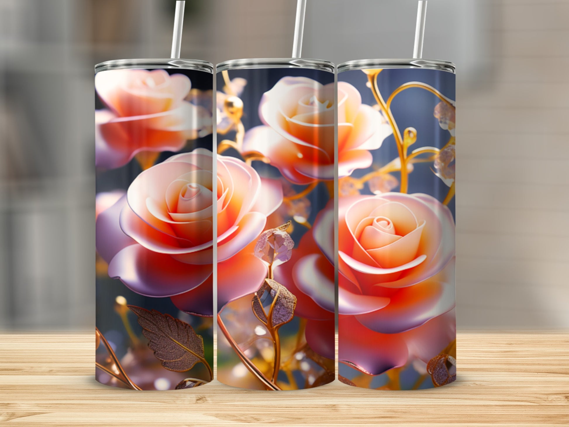 Three tumblers featuring a close-up of a rose with metallic accents.