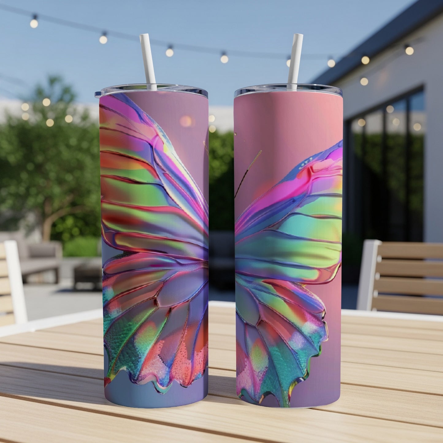 Two iridescent butterfly wing patterned tumblers on a table.
