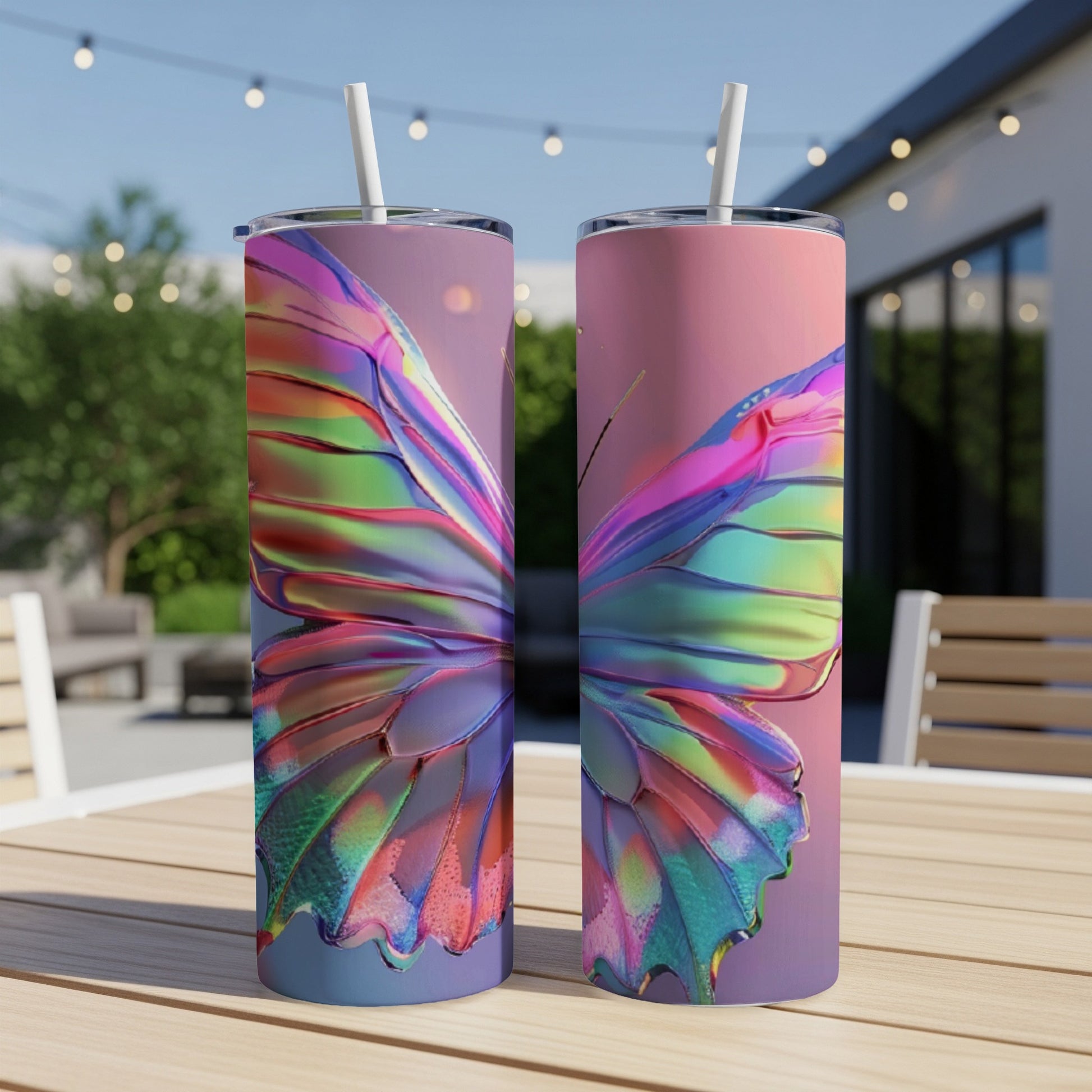 Two iridescent butterfly wing patterned tumblers on a table.