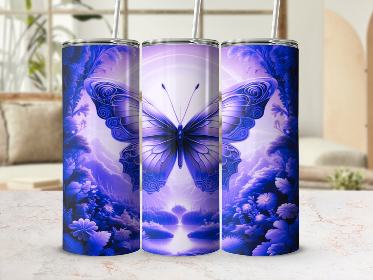 Blue butterfly on a magical landscape with purple trees and flowers.