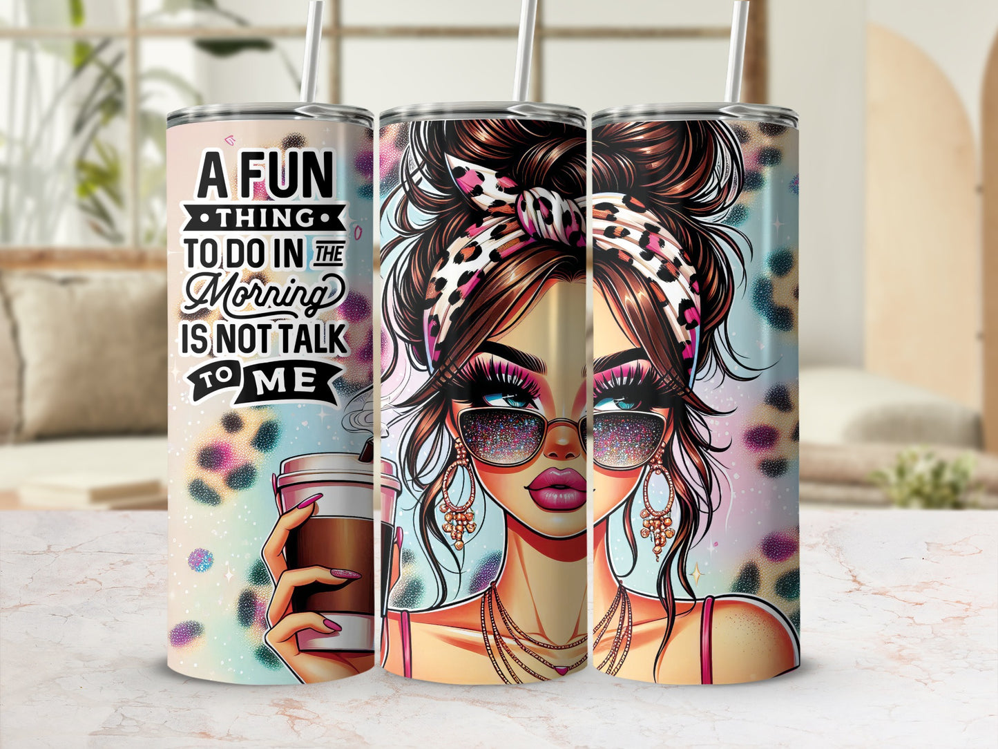 Tumbler with a woman in sunglasses and leopard print, holding coffee.