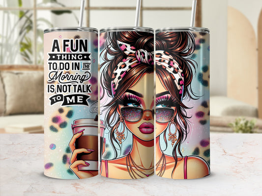 Tumbler with a woman in sunglasses and leopard print, holding coffee.