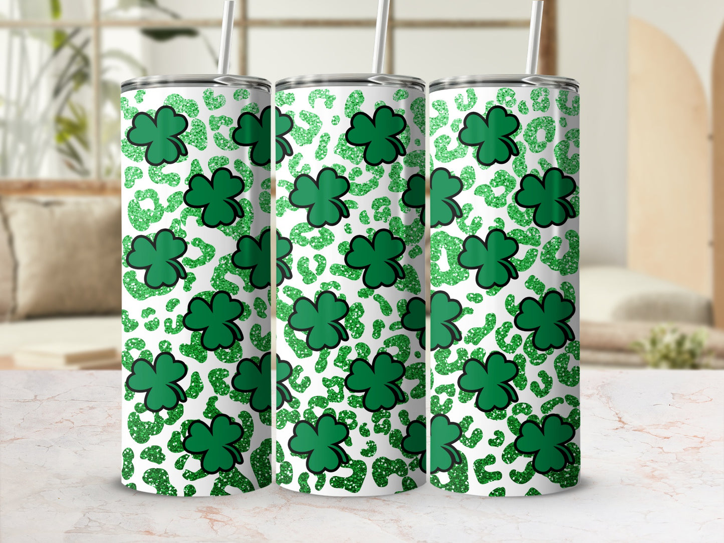 Green shamrocks and glitter leopard print tumbler with straw.