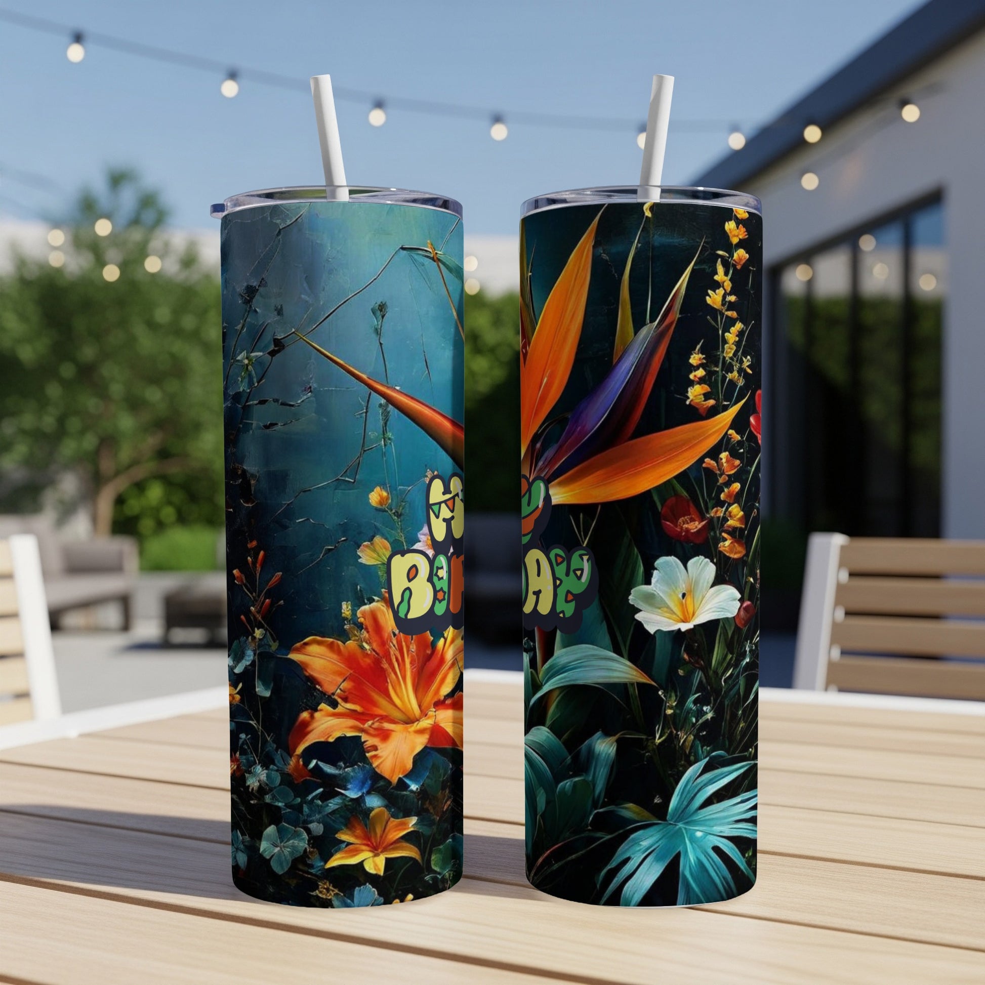 Two skinny tumblers with bright floral designs and "Happy Vibes" text.