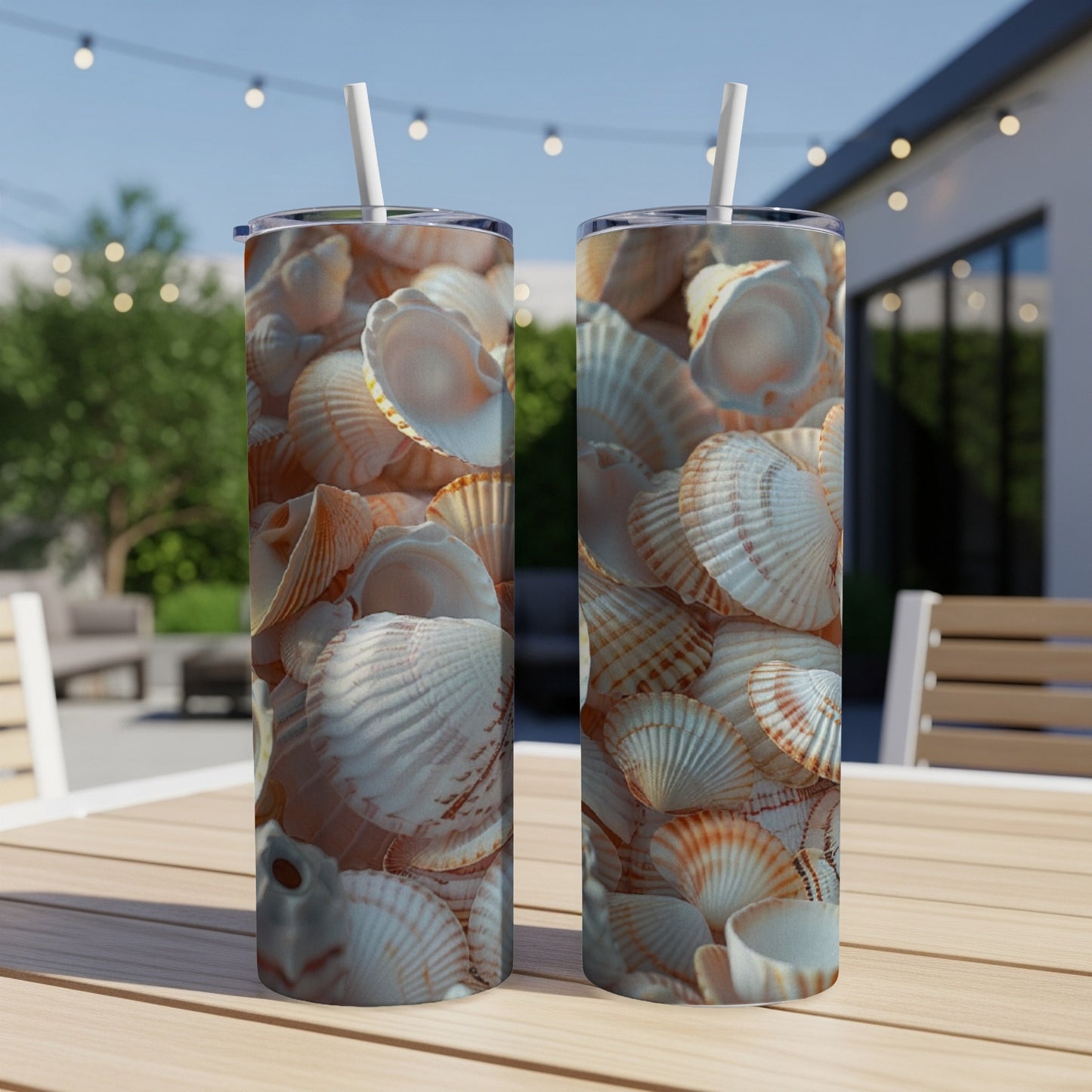 Two tumblers overflowing with small, light-colored seashells.