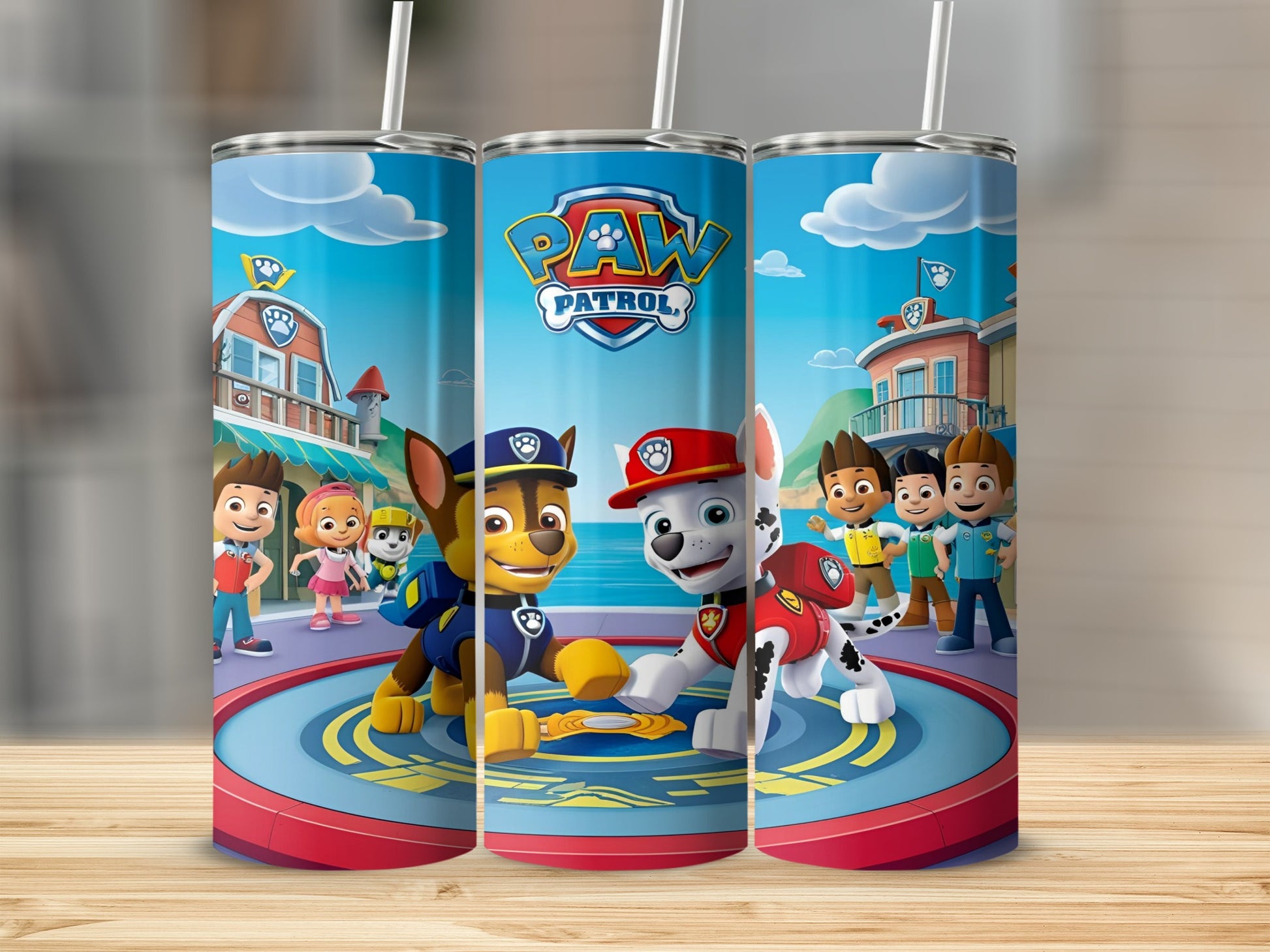 Paw Patrol characters Chase and Marshall on a blue and red circular platform.