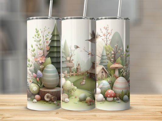 Three Easter-themed tumblers with a spring forest scene and decorated eggs.