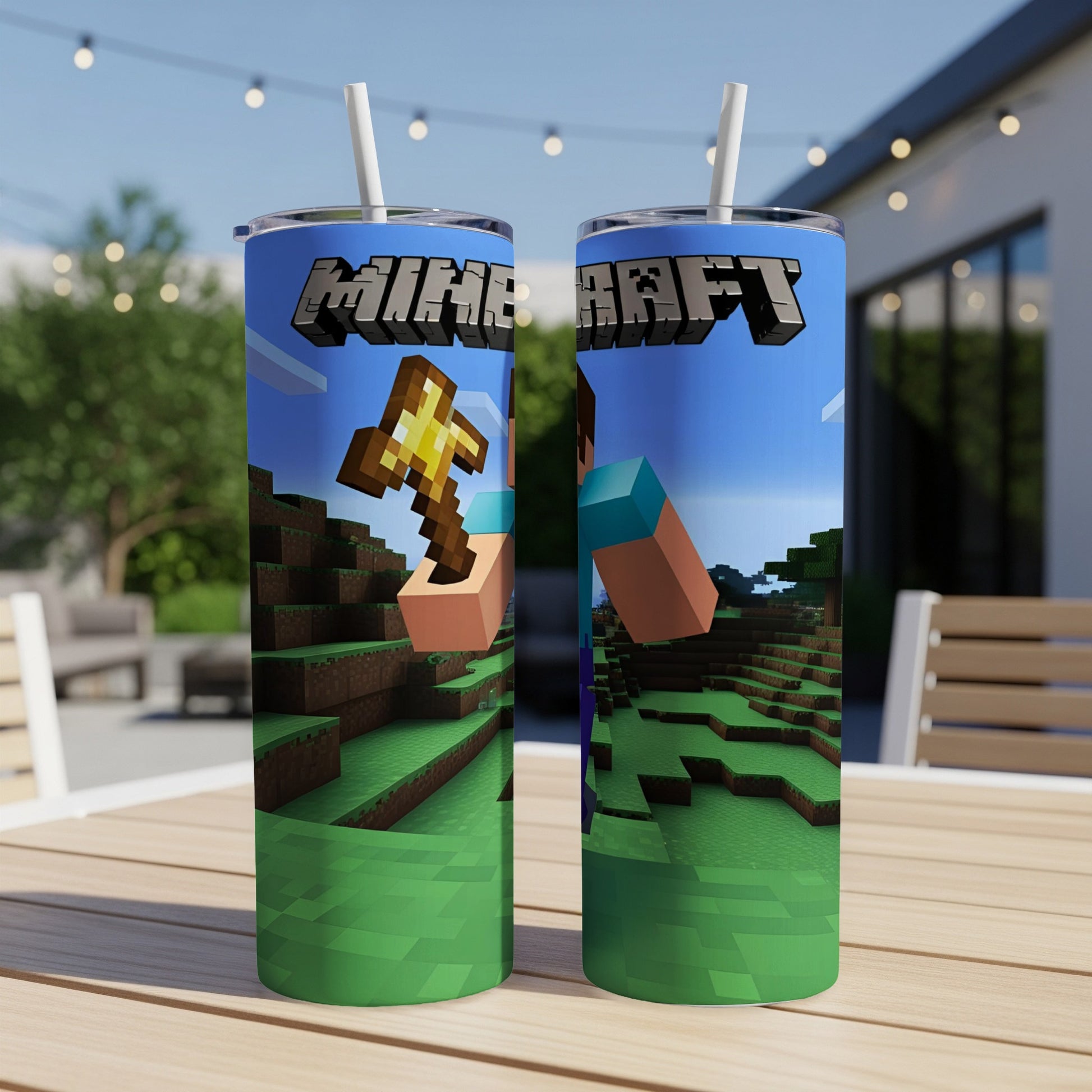Minecraft tumbler with Creeper and pickaxe design on wooden table.