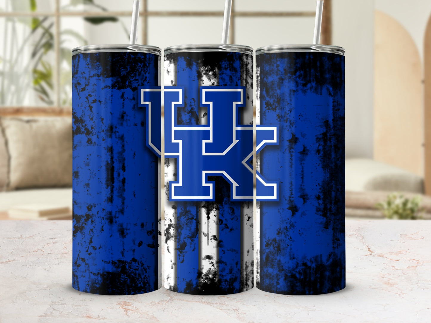 Three tumblers with distressed blue and white stripes and UK logo.