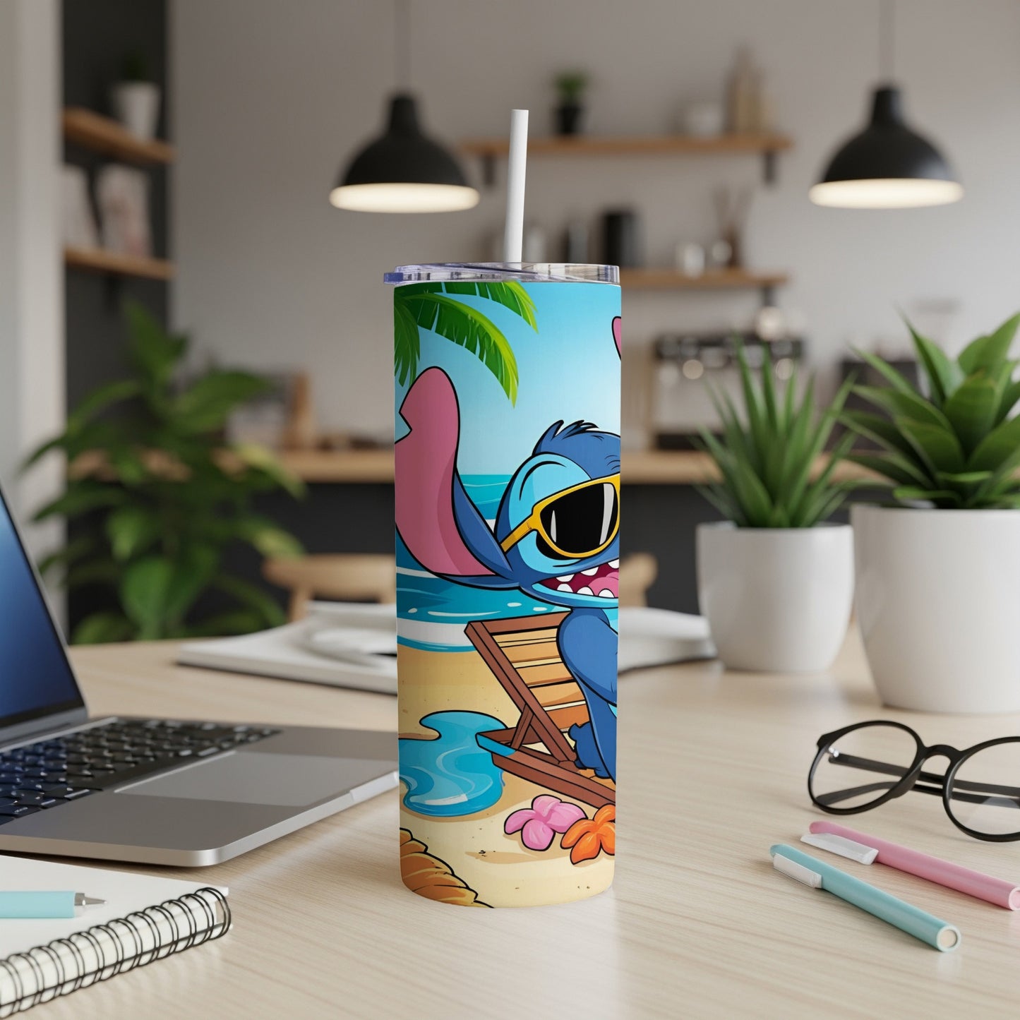 Stitch character on a beach with sunglasses, drinking a beverage.
