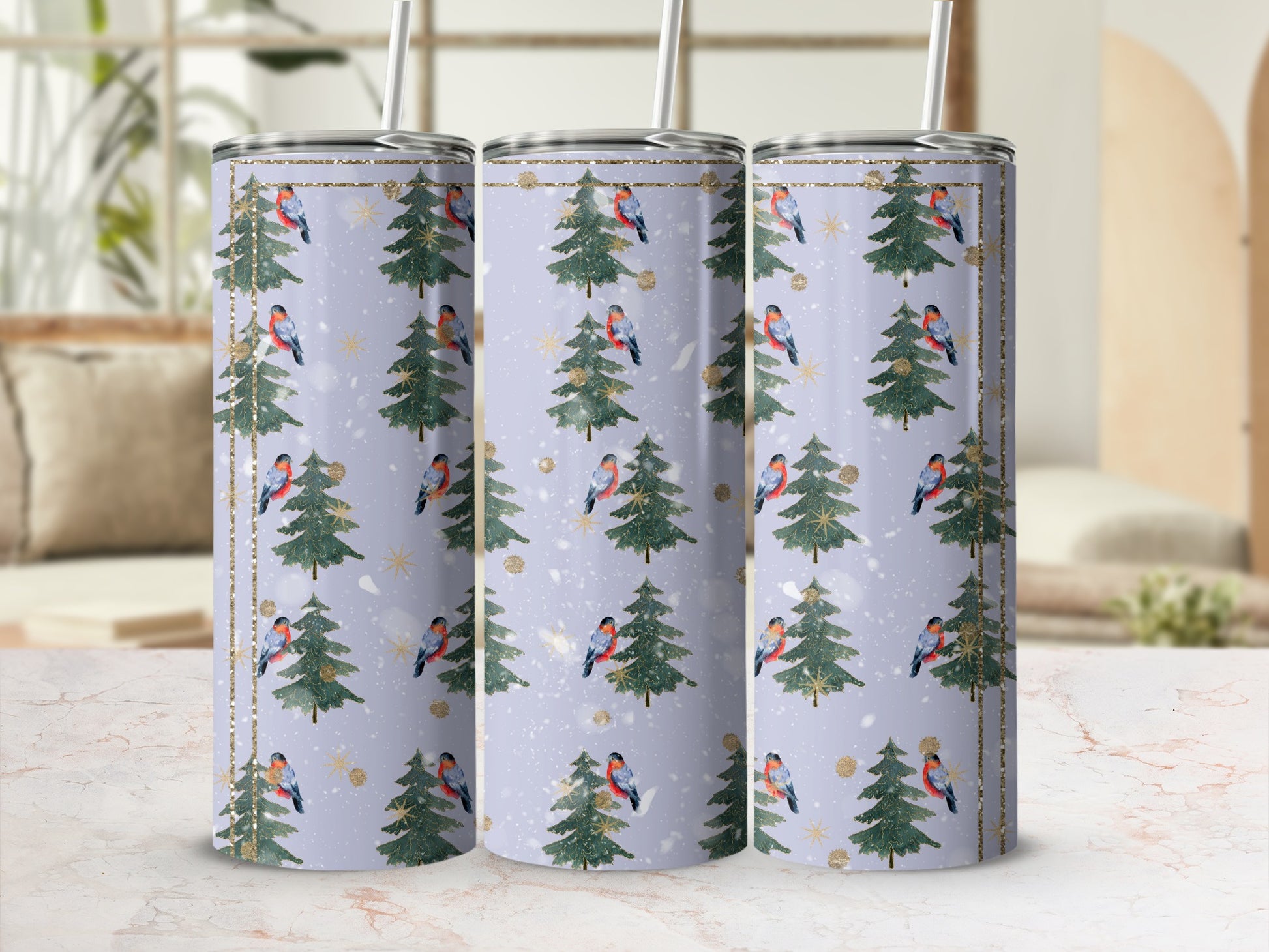 Three tumblers with a winter forest and bullfinch pattern.