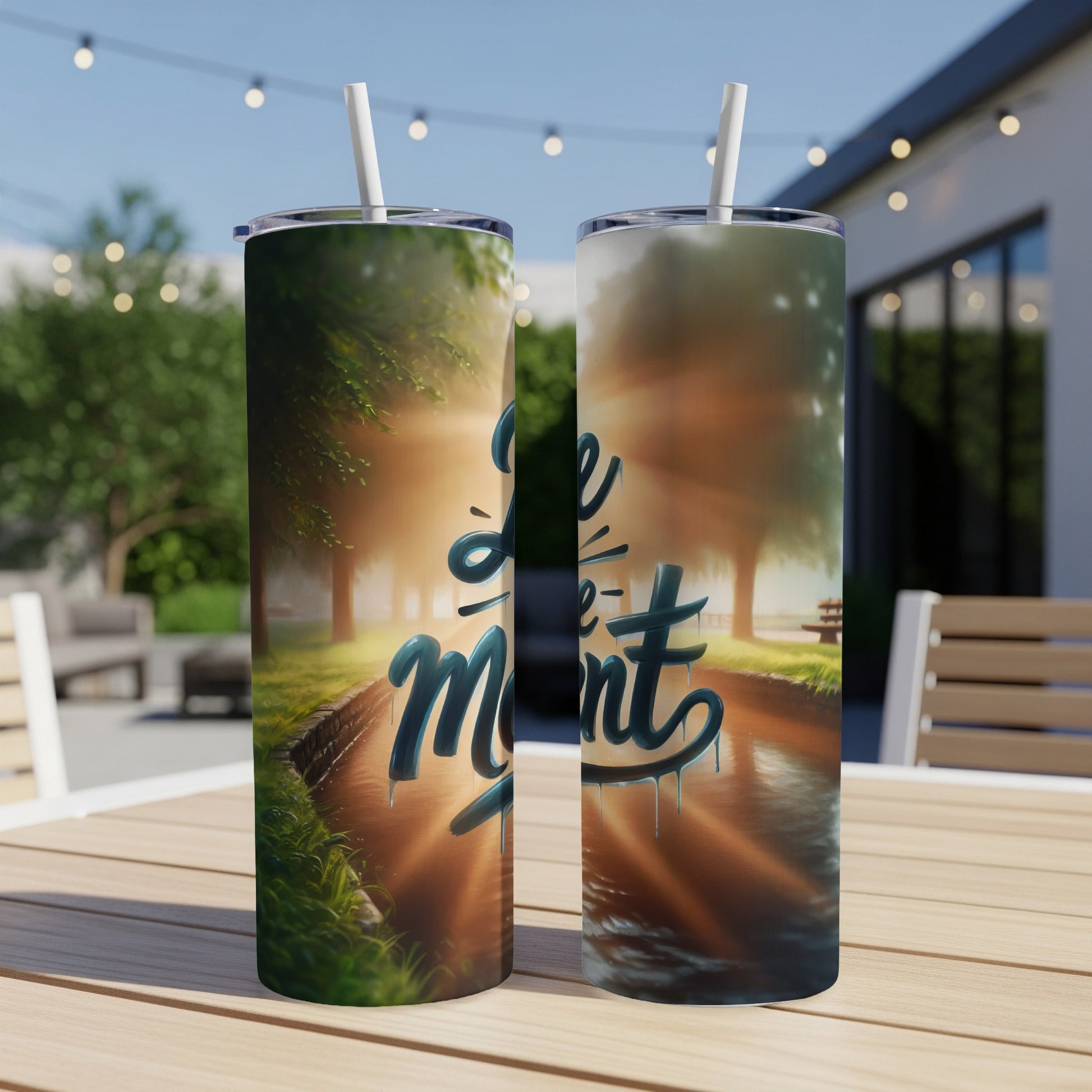 Two tumblers on a table with "Live in the Moment" text.