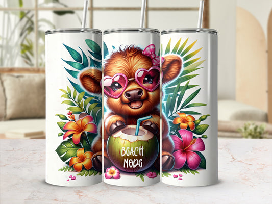 Cow with heart sunglasses sips from a coconut drink, surrounded by tropical flowers.