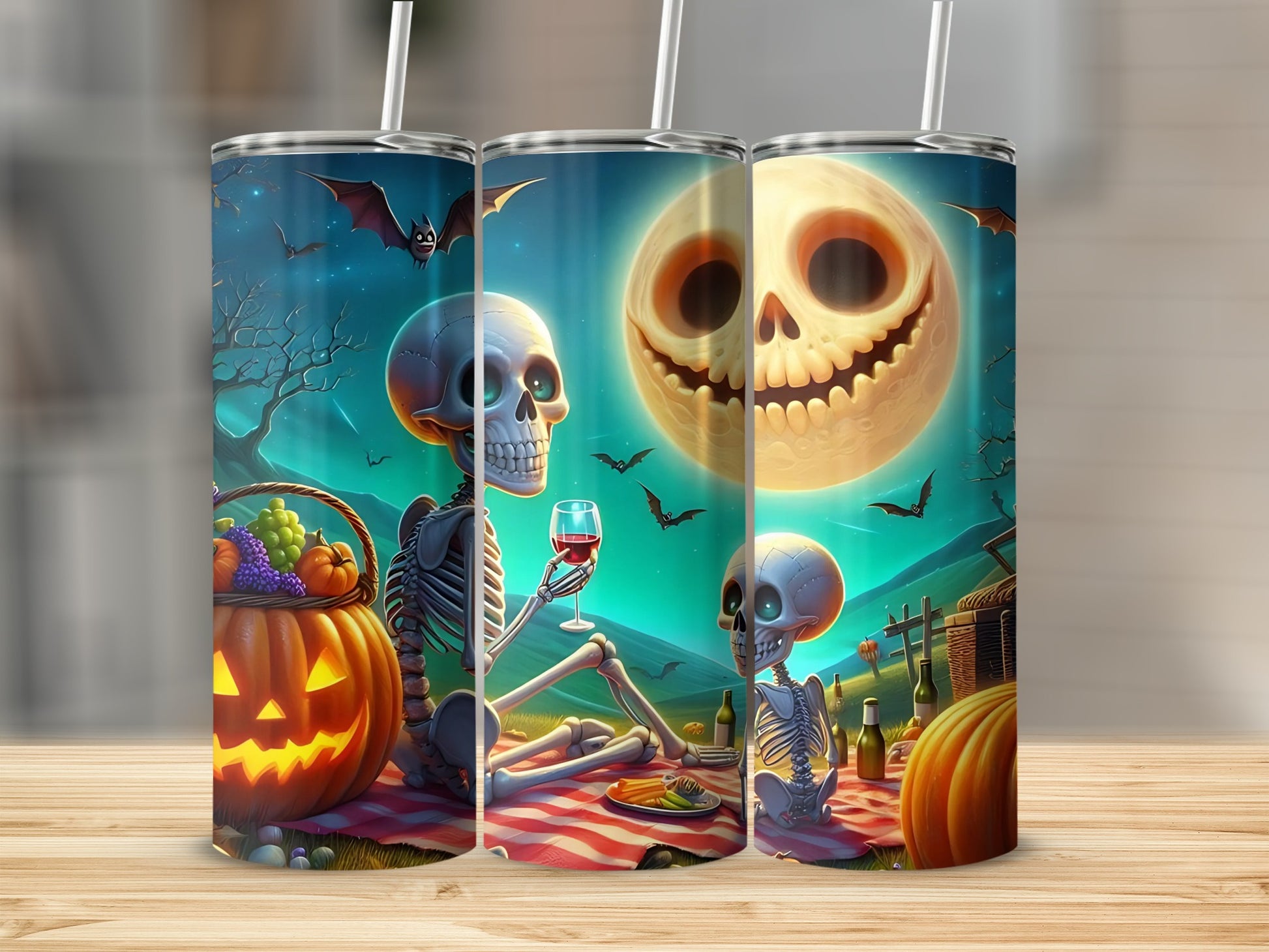 Halloween scene with skeletons, pumpkins, bats, and a grinning full moon.